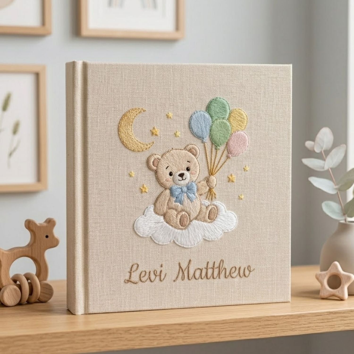 Personalized Baby Photo Album, Hand Embroidered Dinosaur Memory Book, Custom Name Keepsake, Woodland Nursery Gift, Newborn, Baby Shower Gift