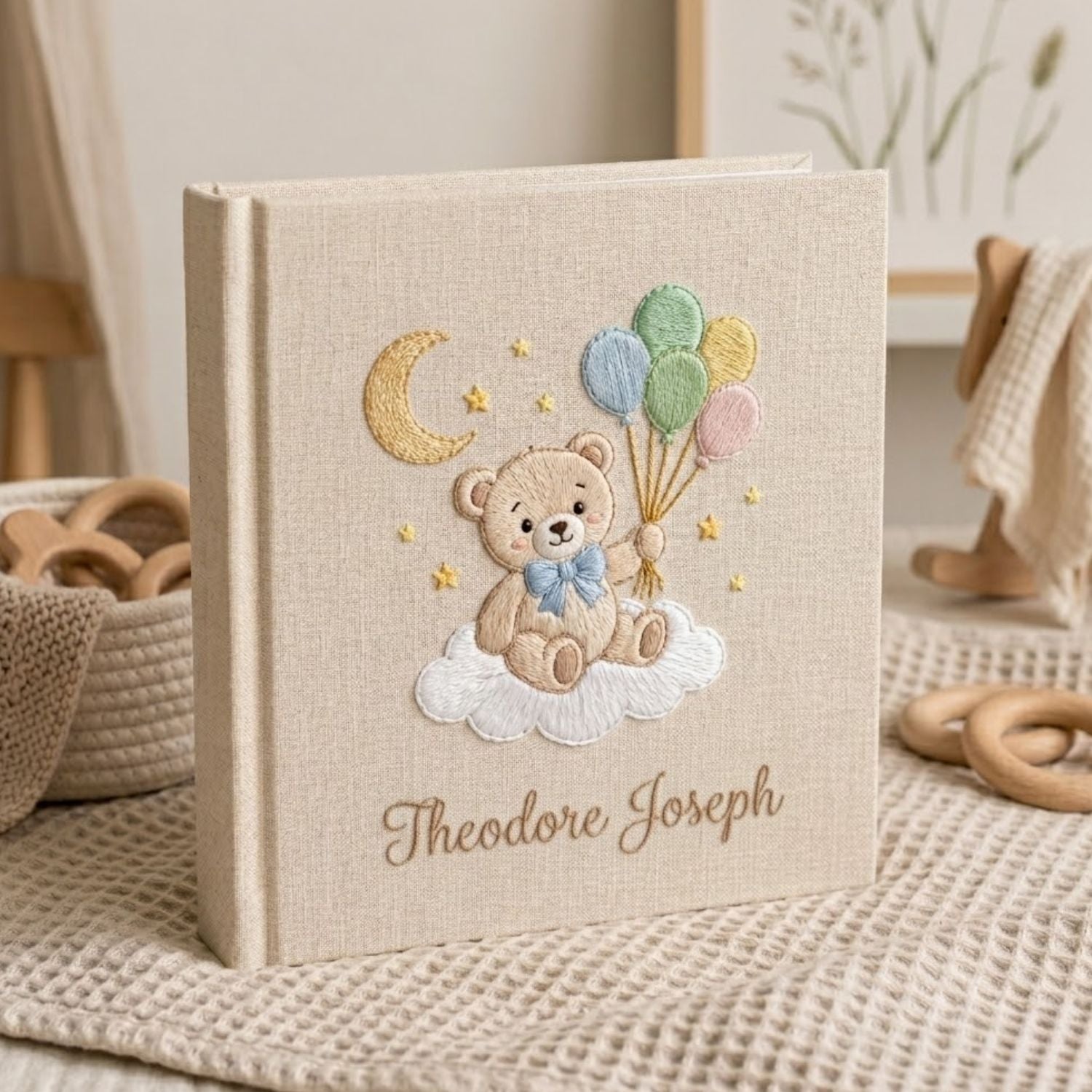 Personalized Baby Photo Album, Hand Embroidered Dinosaur Memory Book, Custom Name Keepsake, Woodland Nursery Gift, Newborn, Baby Shower Gift