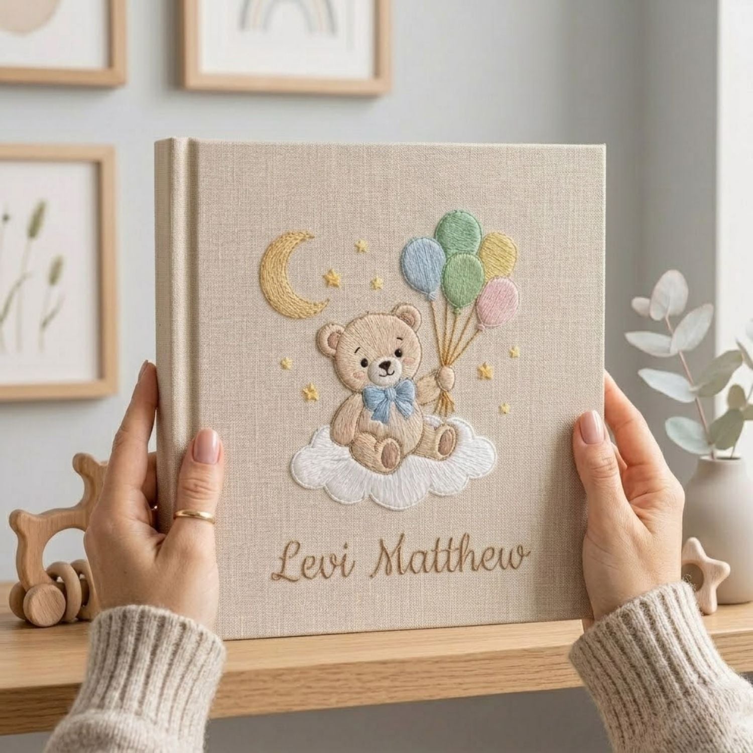 Personalized Baby Photo Album, Hand Embroidered Dinosaur Memory Book, Custom Name Keepsake, Woodland Nursery Gift, Newborn, Baby Shower Gift