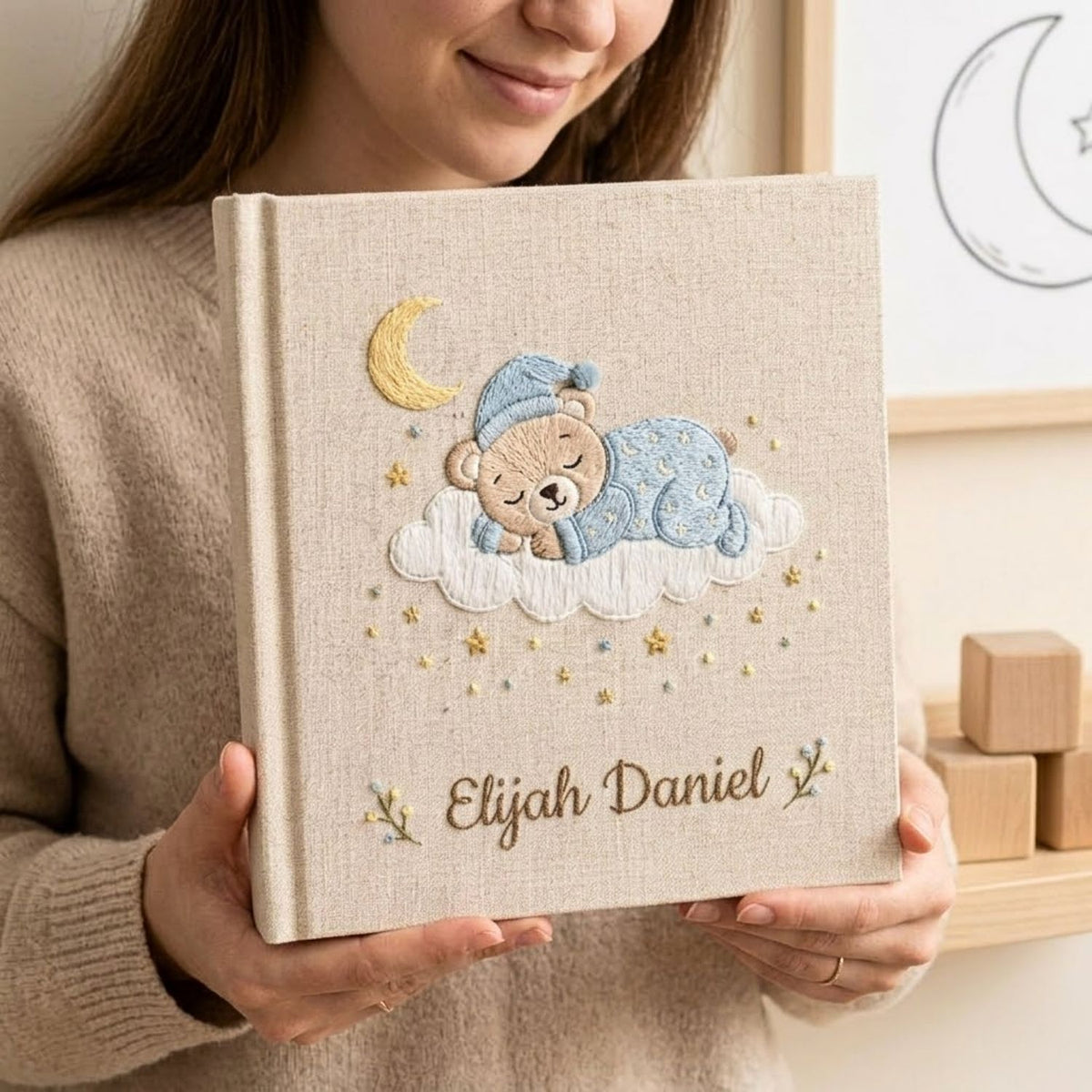 Personalized Baby Photo Album, Hand Embroidered Dinosaur Memory Book, Custom Name Keepsake, Woodland Nursery Gift, Newborn, Baby Shower Gift