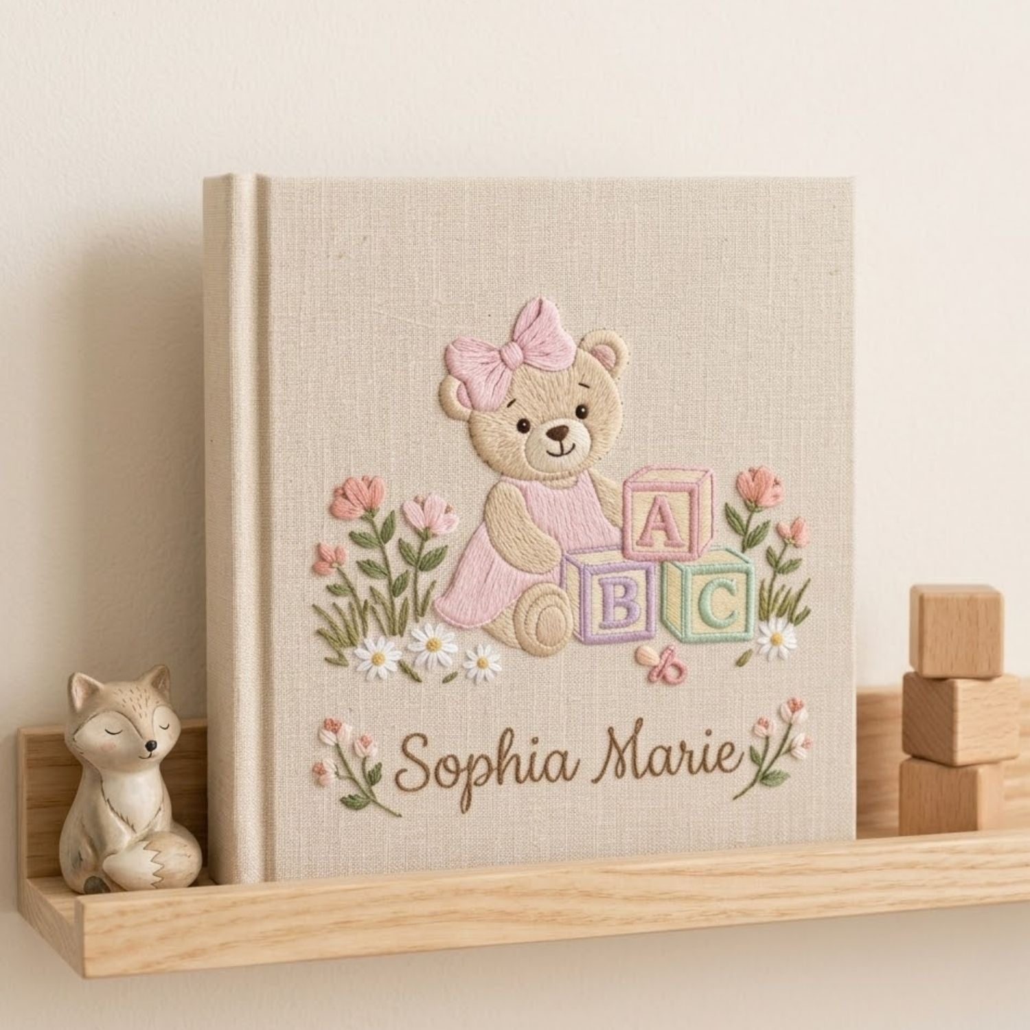 Personalized Baby Photo Album, Hand Embroidered Dinosaur Memory Book, Custom Name Keepsake, Woodland Nursery Gift, Newborn, Baby Shower Gift