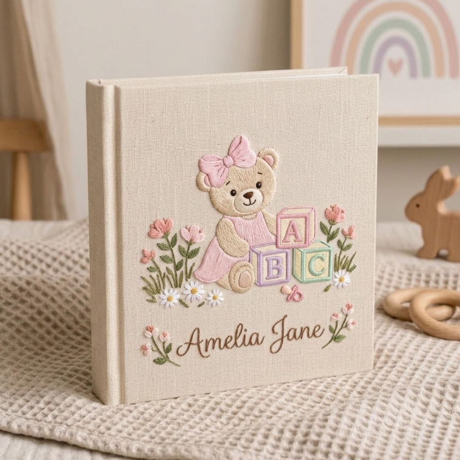 Personalized Baby Photo Album, Hand Embroidered Dinosaur Memory Book, Custom Name Keepsake, Woodland Nursery Gift, Newborn, Baby Shower Gift