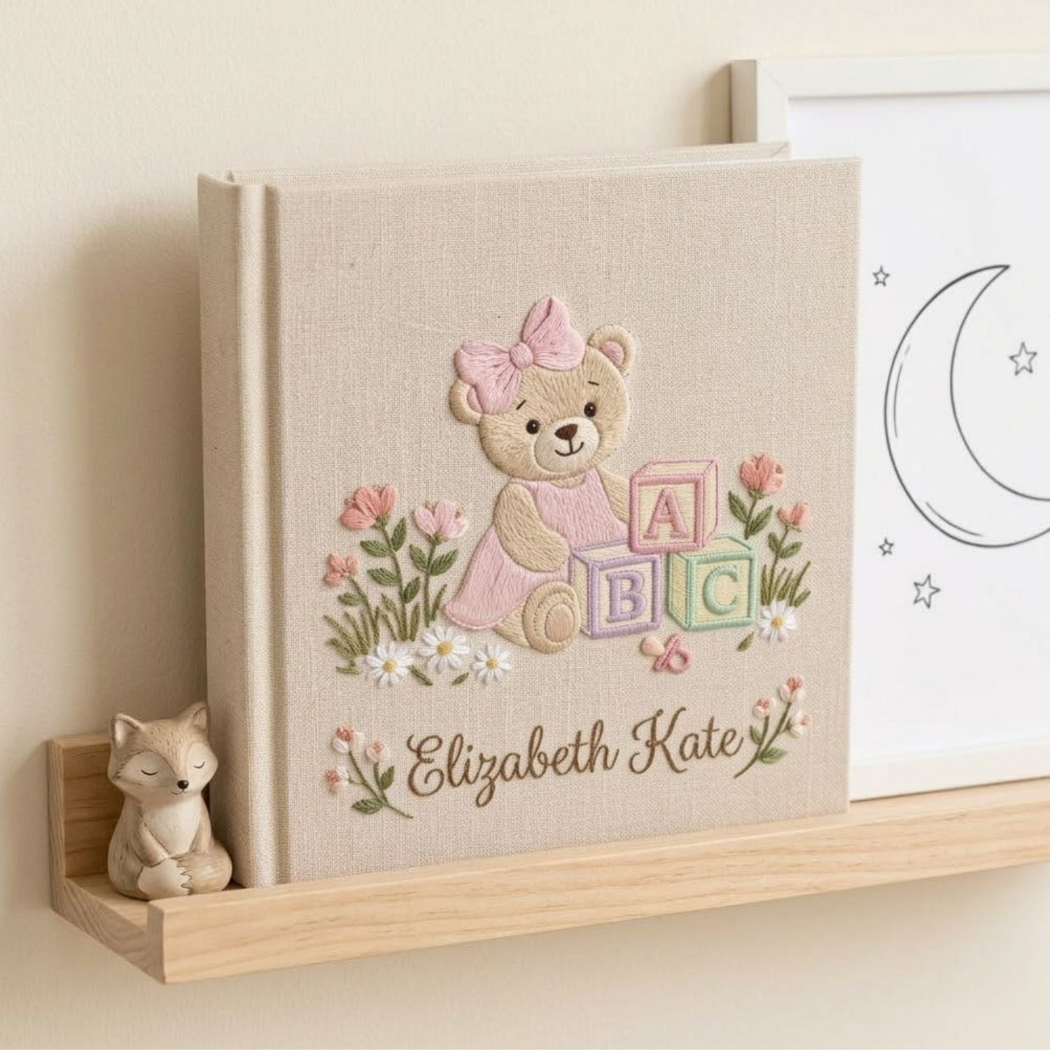 Personalized Baby Photo Album, Hand Embroidered Dinosaur Memory Book, Custom Name Keepsake, Woodland Nursery Gift, Newborn, Baby Shower Gift