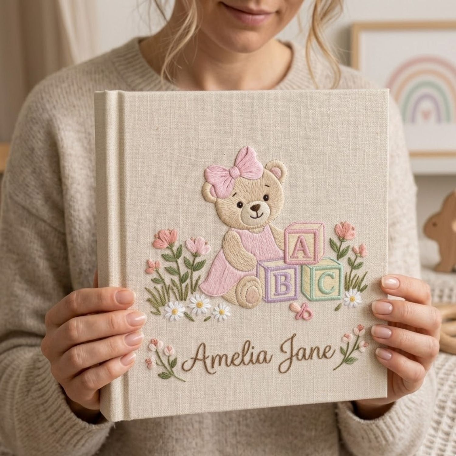 Personalized Baby Photo Album, Hand Embroidered Dinosaur Memory Book, Custom Name Keepsake, Woodland Nursery Gift, Newborn, Baby Shower Gift