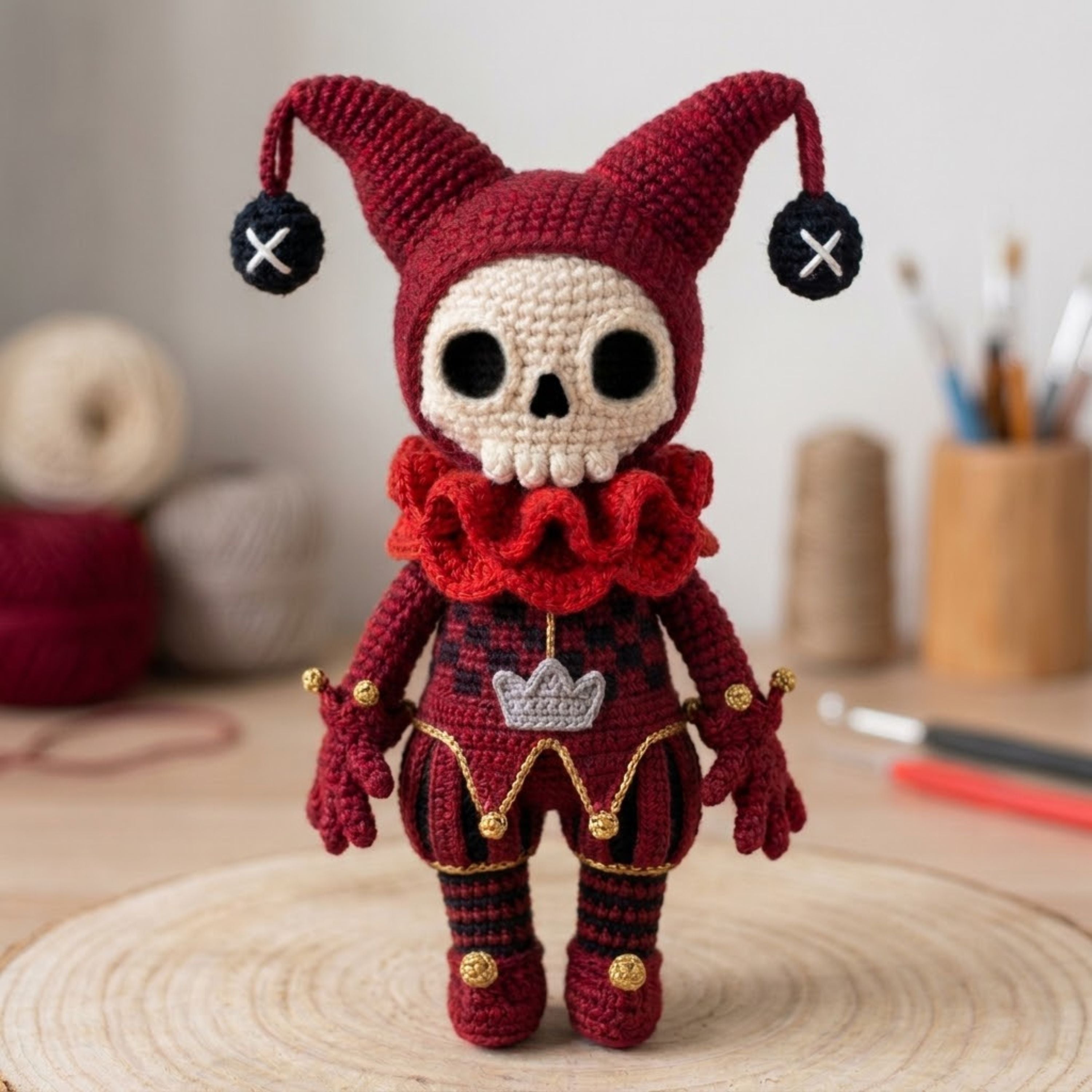 Handmade Crochet Jester Skull Doll, Cute Amigurumi Skeleton Plush, Gothic Clown Halloween Decor Gift, Sizes 4-12in, Creepy Cute Toy Art Sets