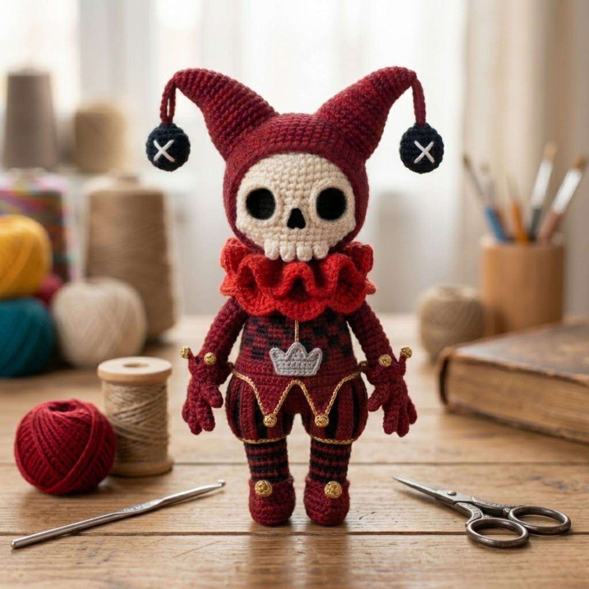 Handmade Crochet Jester Skull Doll, Cute Amigurumi Skeleton Plush, Gothic Clown Halloween Decor Gift, Sizes 4-12in, Creepy Cute Toy Art Sets