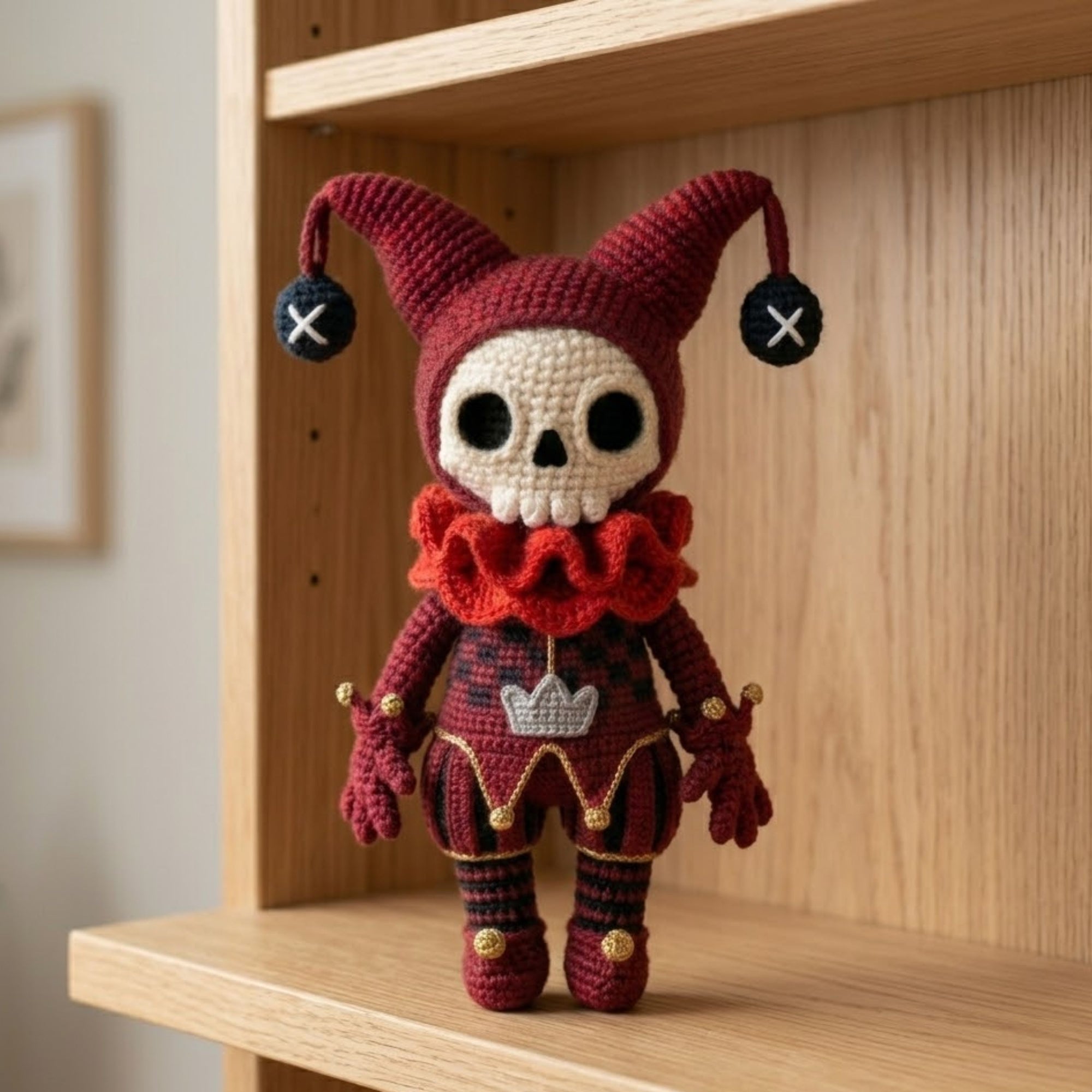 Handmade Crochet Jester Skull Doll, Cute Amigurumi Skeleton Plush, Gothic Clown Halloween Decor Gift, Sizes 4-12in, Creepy Cute Toy Art Sets