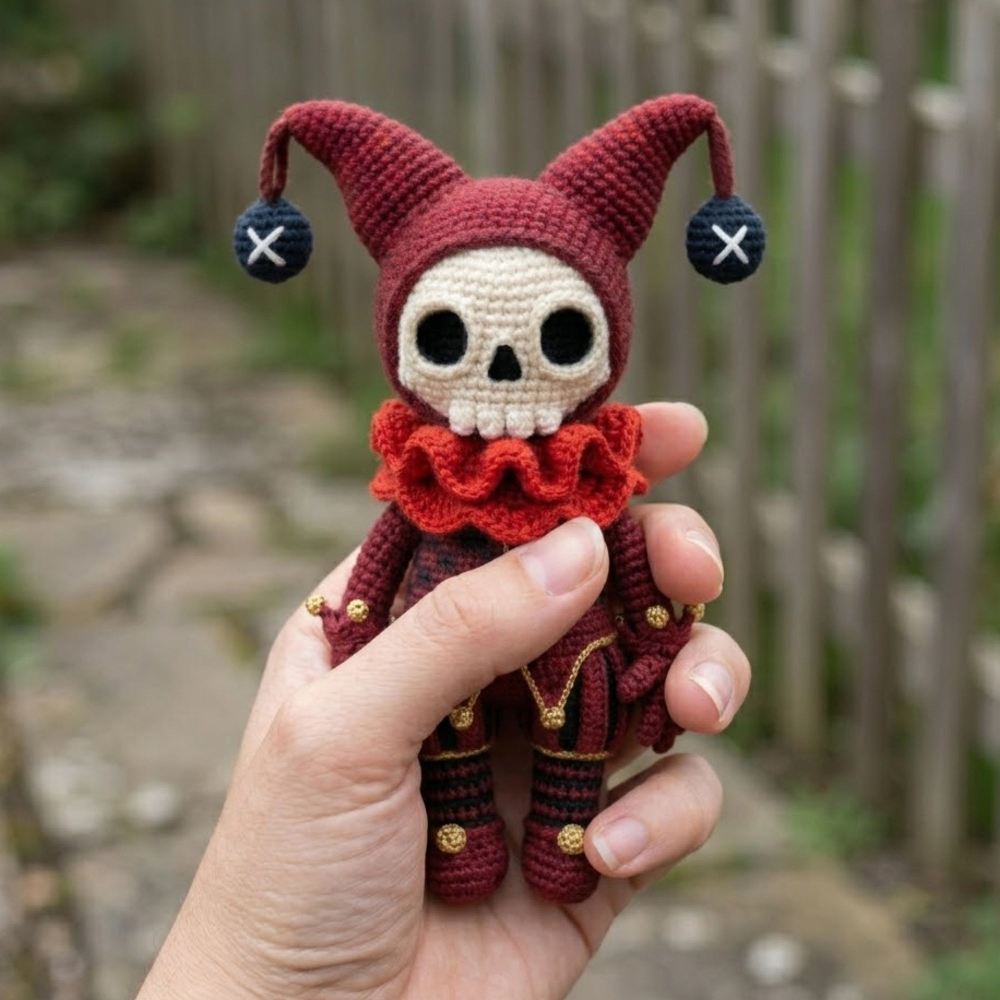 Handmade Crochet Jester Skull Doll, Cute Amigurumi Skeleton Plush, Gothic Clown Halloween Decor Gift, Sizes 4-12in, Creepy Cute Toy Art Sets