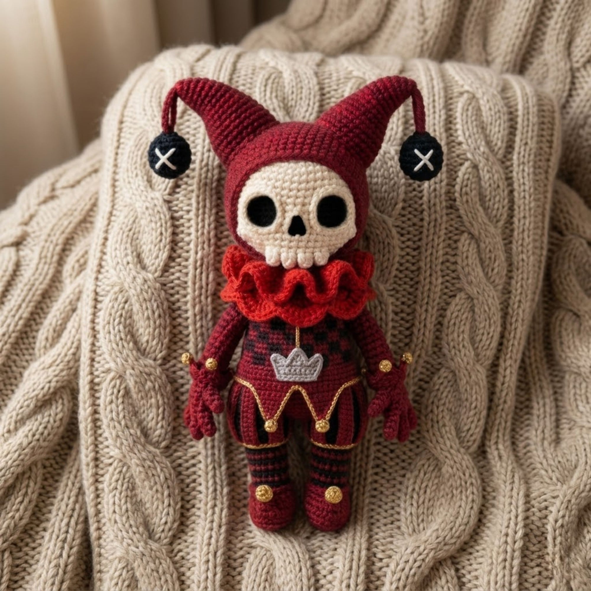 Handmade Crochet Jester Skull Doll, Cute Amigurumi Skeleton Plush, Gothic Clown Halloween Decor Gift, Sizes 4-12in, Creepy Cute Toy Art Sets