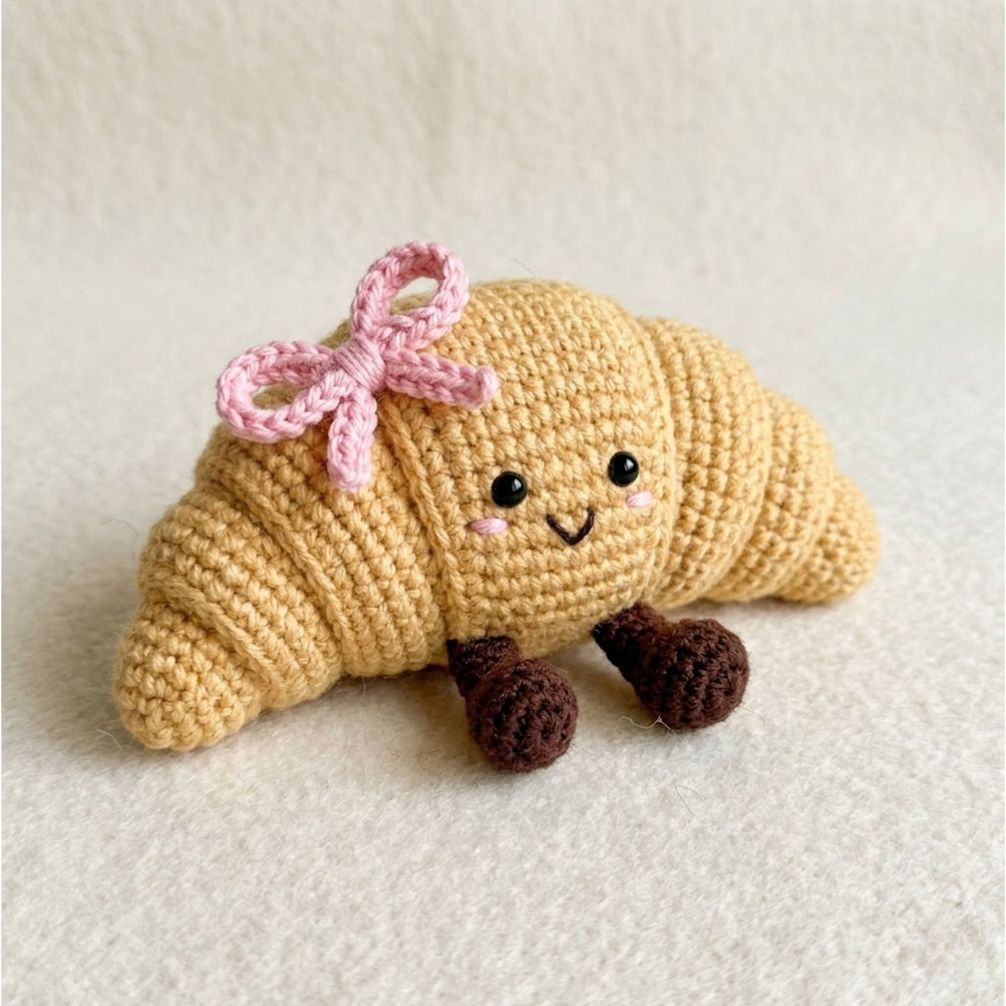 Cute Crochet Croissant Plush with Pink Bow, Kawaii Amigurumi Food Toy, Handmade Bakery Stuffed Animal Gift, Baby Nursery Decor, Sizes 4-12in