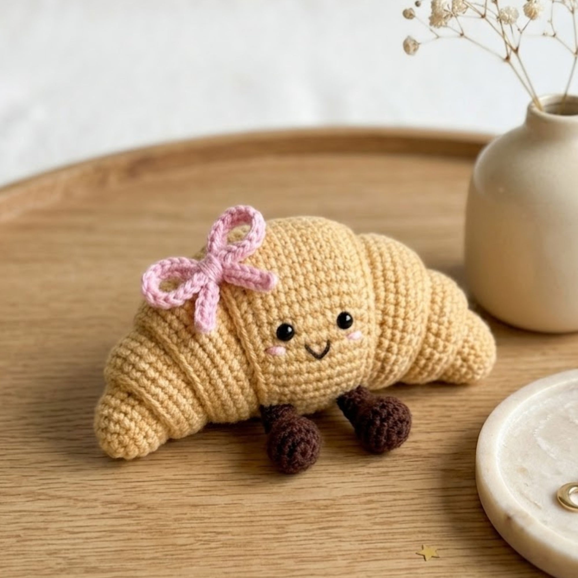 Cute Crochet Croissant Plush with Pink Bow, Kawaii Amigurumi Food Toy, Handmade Bakery Stuffed Animal Gift, Baby Nursery Decor, Sizes 4-12in