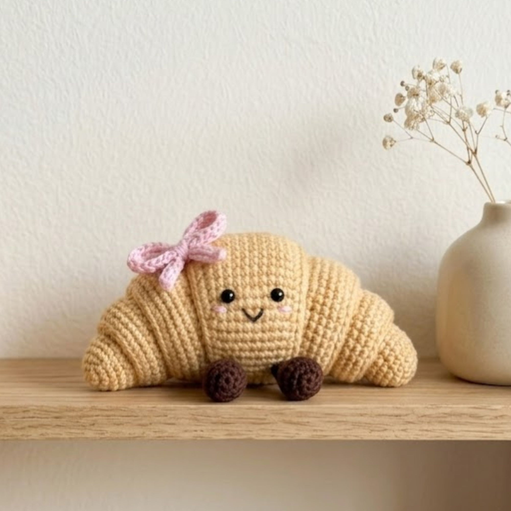Cute Crochet Croissant Plush with Pink Bow, Kawaii Amigurumi Food Toy, Handmade Bakery Stuffed Animal Gift, Baby Nursery Decor, Sizes 4-12in