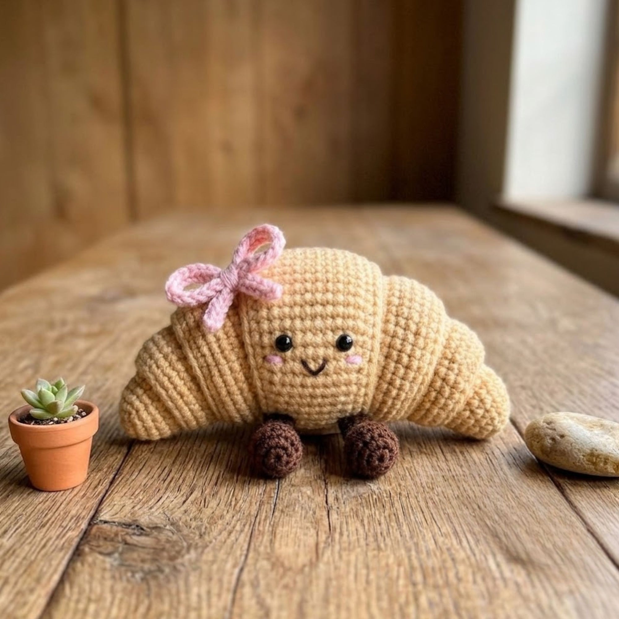 Cute Crochet Croissant Plush with Pink Bow, Kawaii Amigurumi Food Toy, Handmade Bakery Stuffed Animal Gift, Baby Nursery Decor, Sizes 4-12in