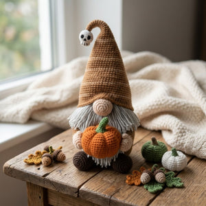 Halloween Crochet Gnome with Pumpkin Plush, Fall Amigurumi Doll, Handmade Autumn Decor, Cute Spooky Gift, Cozy Shelf Sitter Toy Sizes 4-12in
