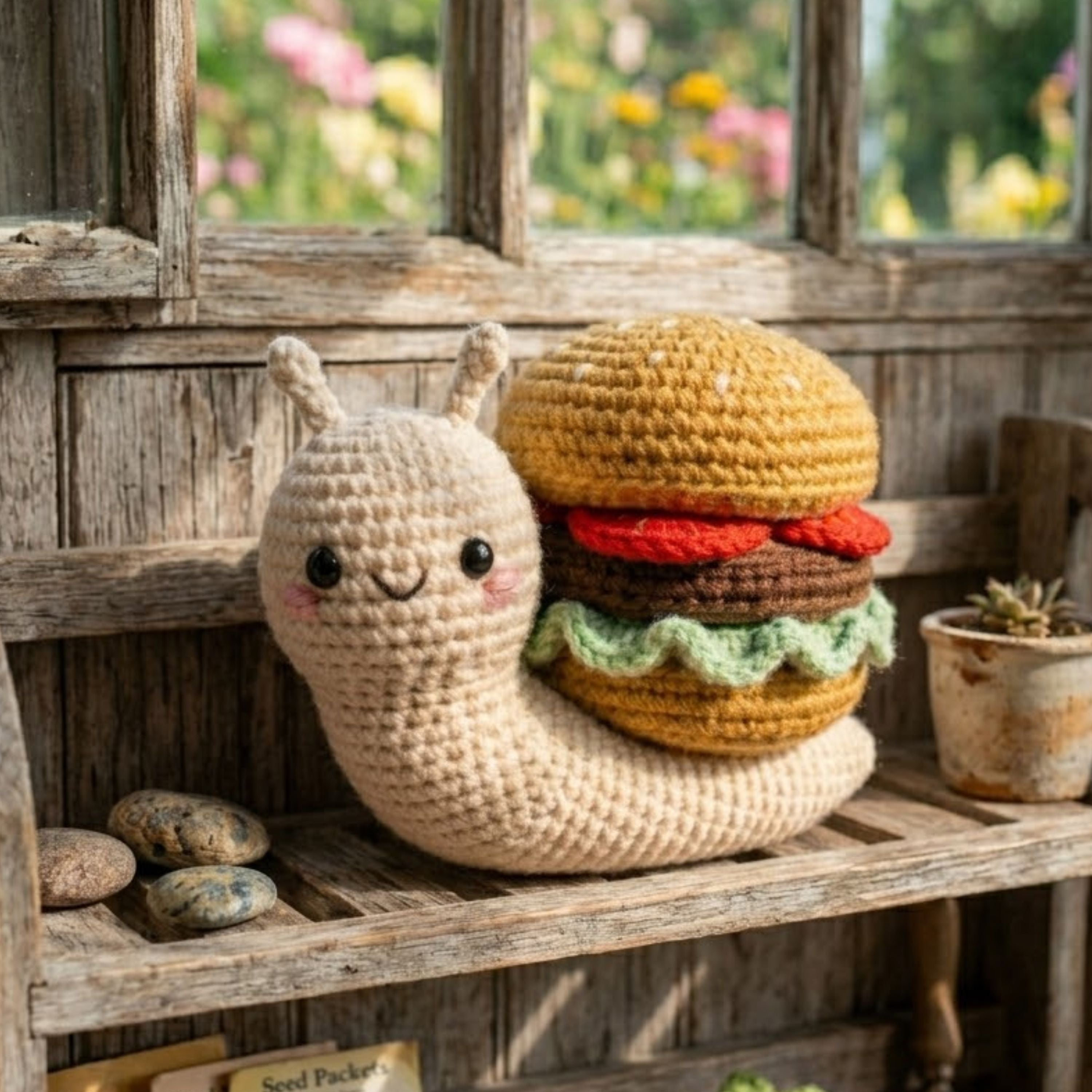 Cute Crochet Snail Burger Plush, Kawaii Amigurumi Food Animal Toy, Handmade Garden Stuffed Decor, Funny Gift, Nursery Room Toy, Sizes 4-12in