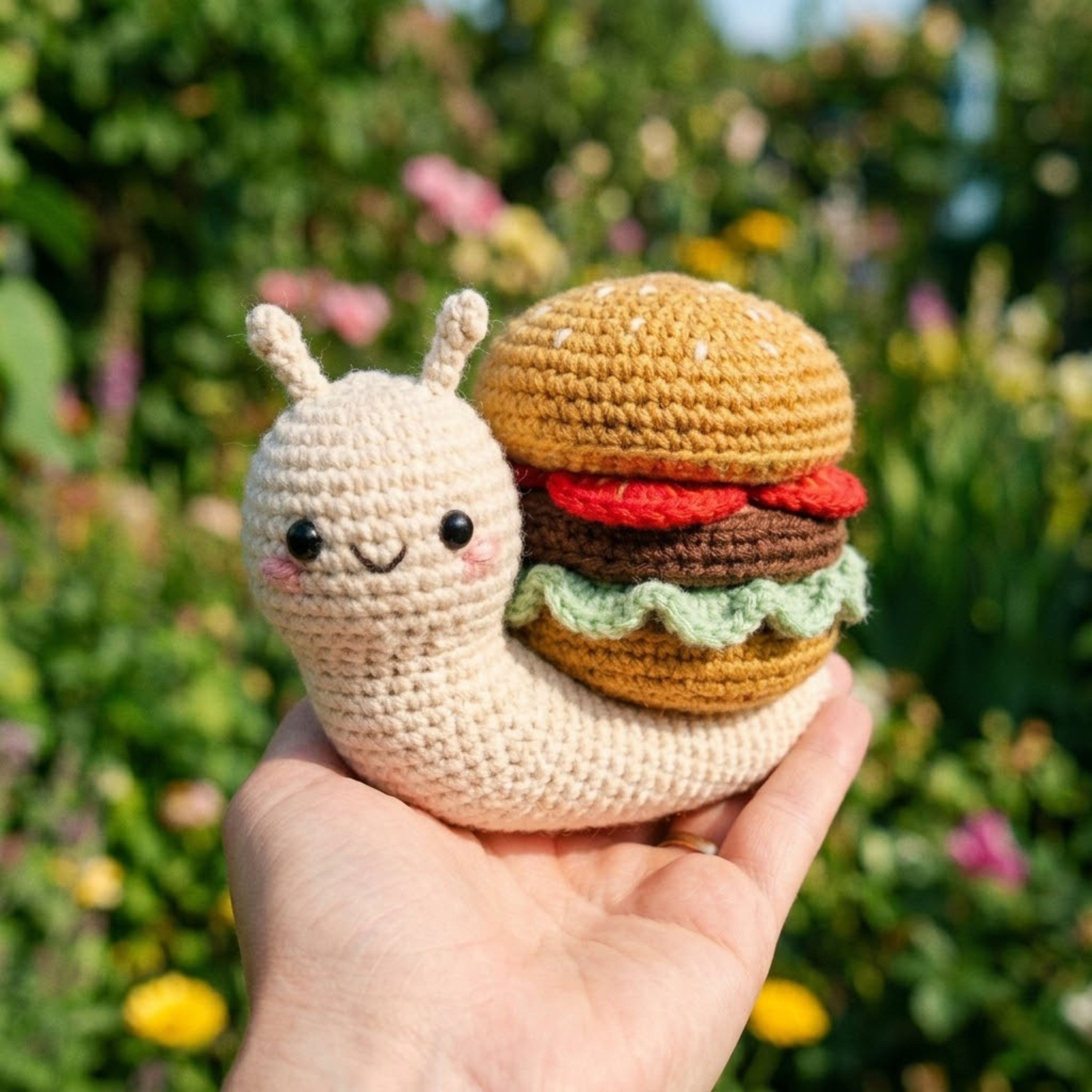 Cute Crochet Snail Burger Plush, Kawaii Amigurumi Food Animal Toy, Handmade Garden Stuffed Decor, Funny Gift, Nursery Room Toy, Sizes 4-12in