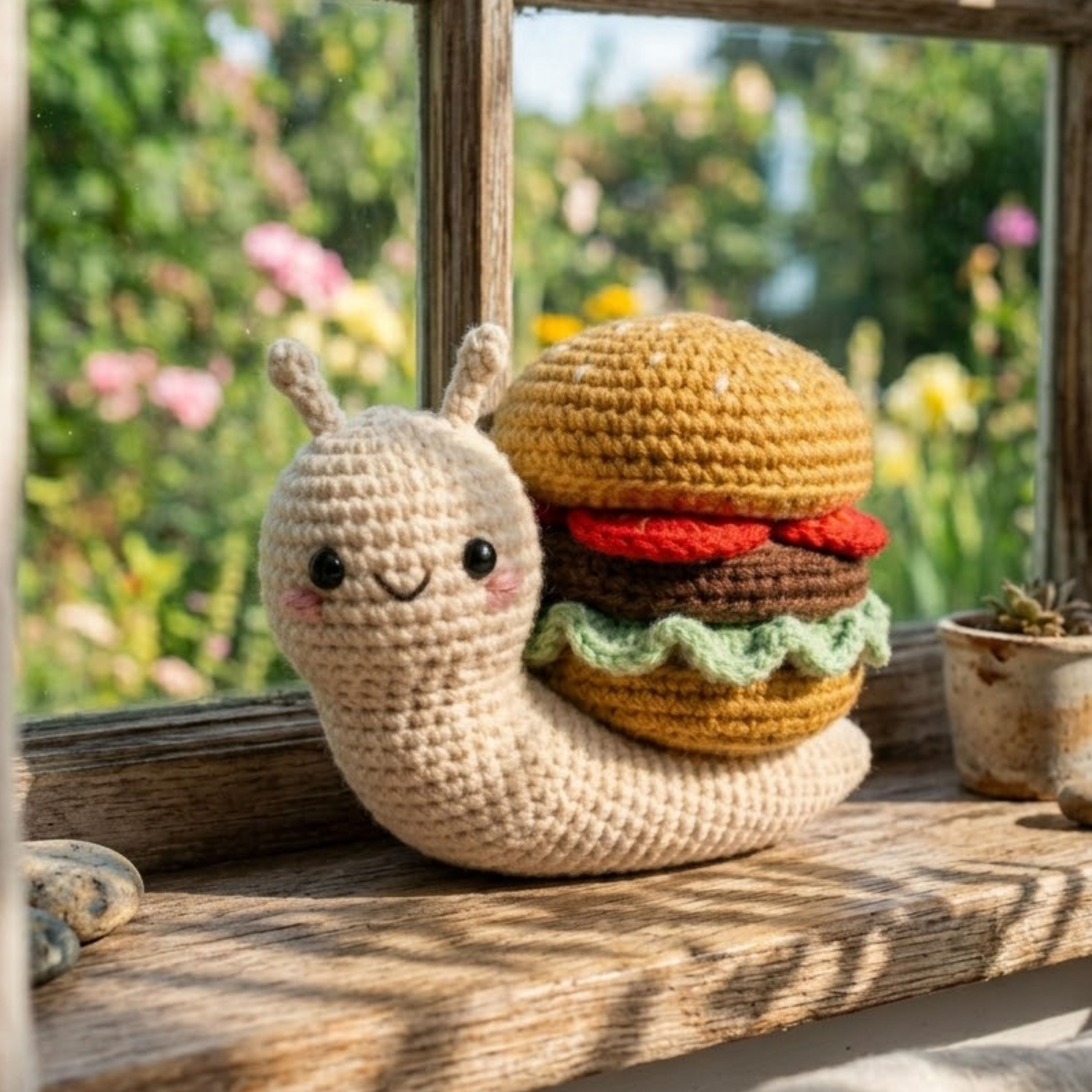 Cute Crochet Snail Burger Plush, Kawaii Amigurumi Food Animal Toy, Handmade Garden Stuffed Decor, Funny Gift, Nursery Room Toy, Sizes 4-12in