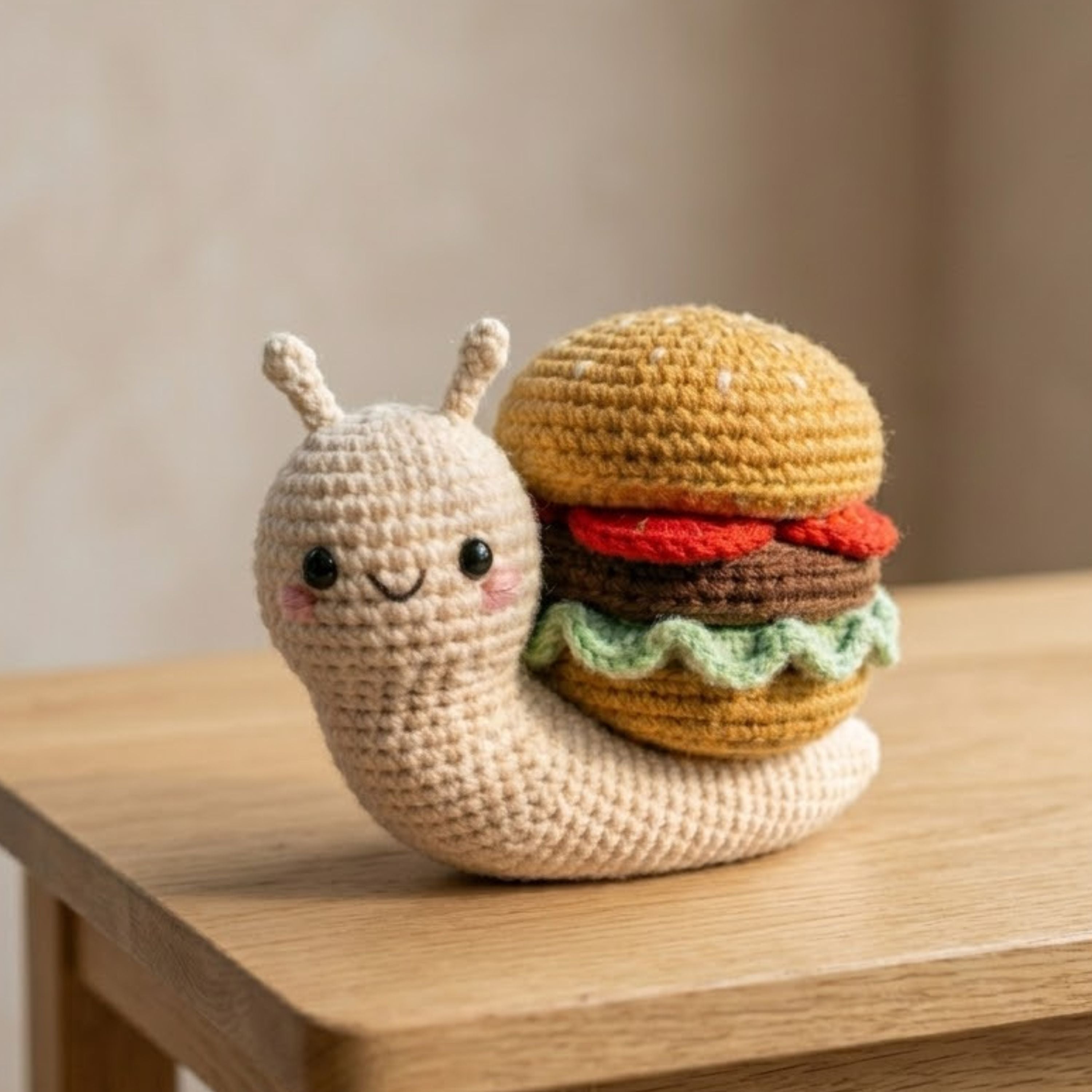 Cute Crochet Snail Burger Plush, Kawaii Amigurumi Food Animal Toy, Handmade Garden Stuffed Decor, Funny Gift, Nursery Room Toy, Sizes 4-12in