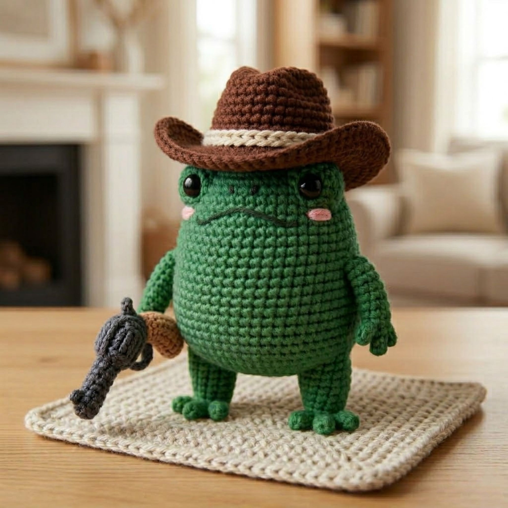 Cute Crochet Cowboy Frog Plush, Kawaii Amigurumi Western Frog Doll, Handmade Farmhouse Decor Gift, Nursery Shelf Toy, Room Deco Sizes 4-12in