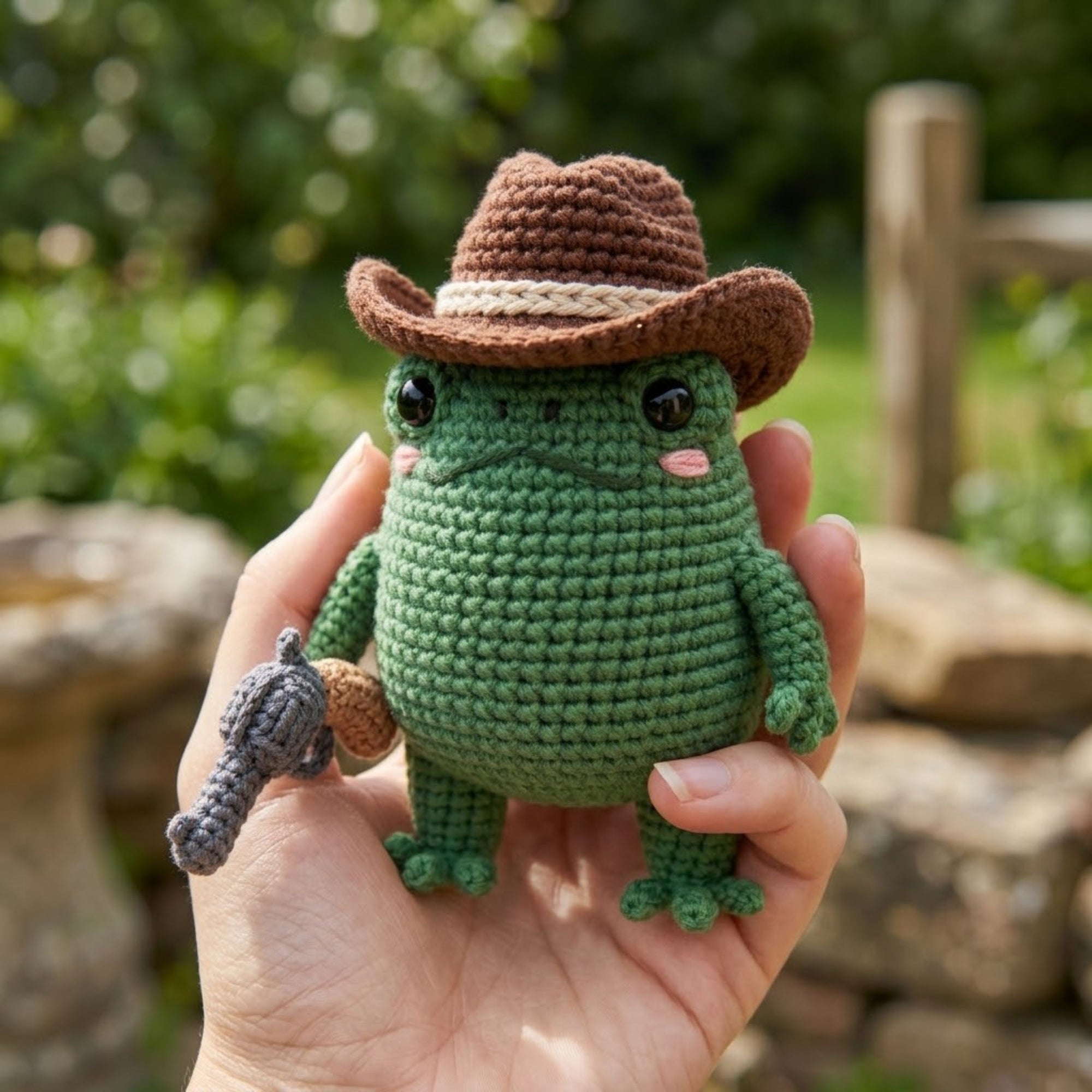 Cute Crochet Cowboy Frog Plush, Kawaii Amigurumi Western Frog Doll, Handmade Farmhouse Decor Gift, Nursery Shelf Toy, Room Deco Sizes 4-12in