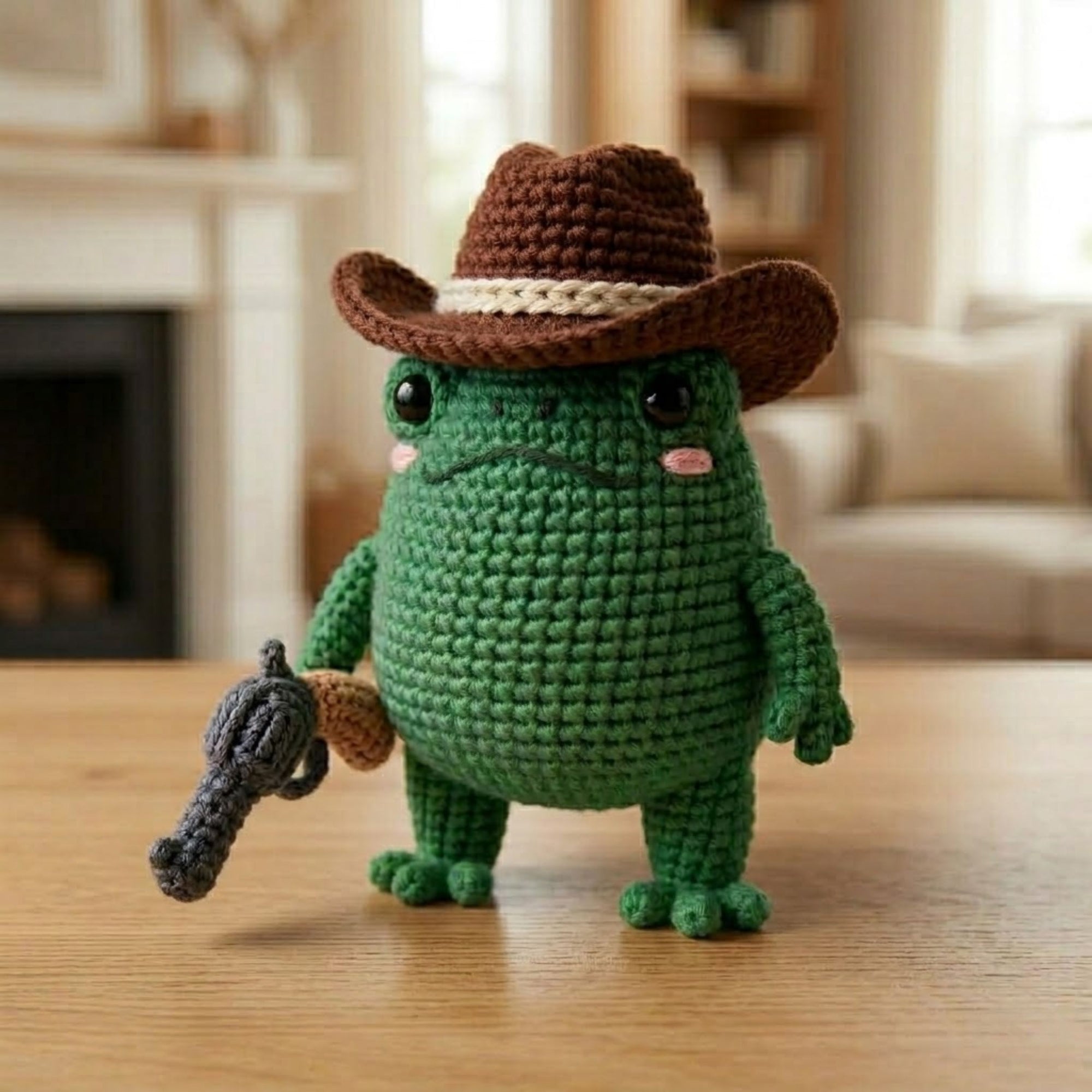 Cute Crochet Cowboy Frog Plush, Kawaii Amigurumi Western Frog Doll, Handmade Farmhouse Decor Gift, Nursery Shelf Toy, Room Deco Sizes 4-12in