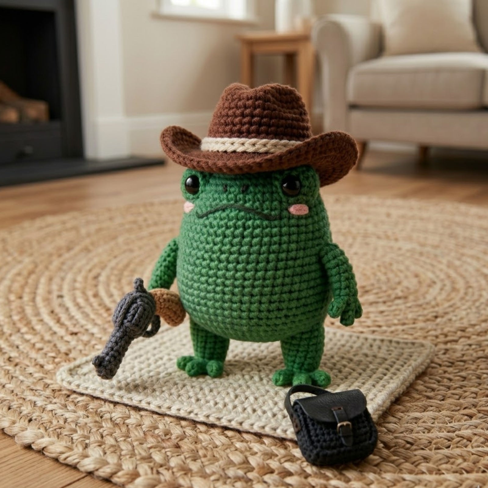 Cute Crochet Cowboy Frog Plush, Kawaii Amigurumi Western Frog Doll, Handmade Farmhouse Decor Gift, Nursery Shelf Toy, Room Deco Sizes 4-12in