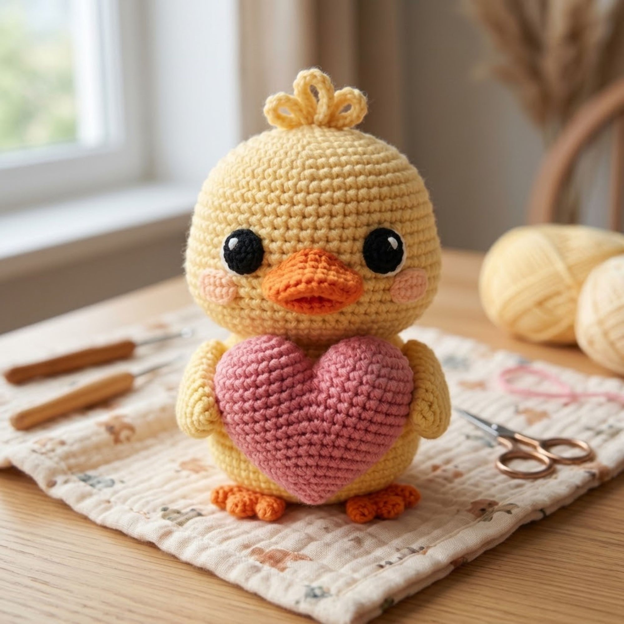 Cute Crochet Duck Plush with Pink Heart, Kawaii Amigurumi Chick Toy, Handmade Baby Shower Gift, Nursery Decor, Sweet Love Plush Sizes 4-12in
