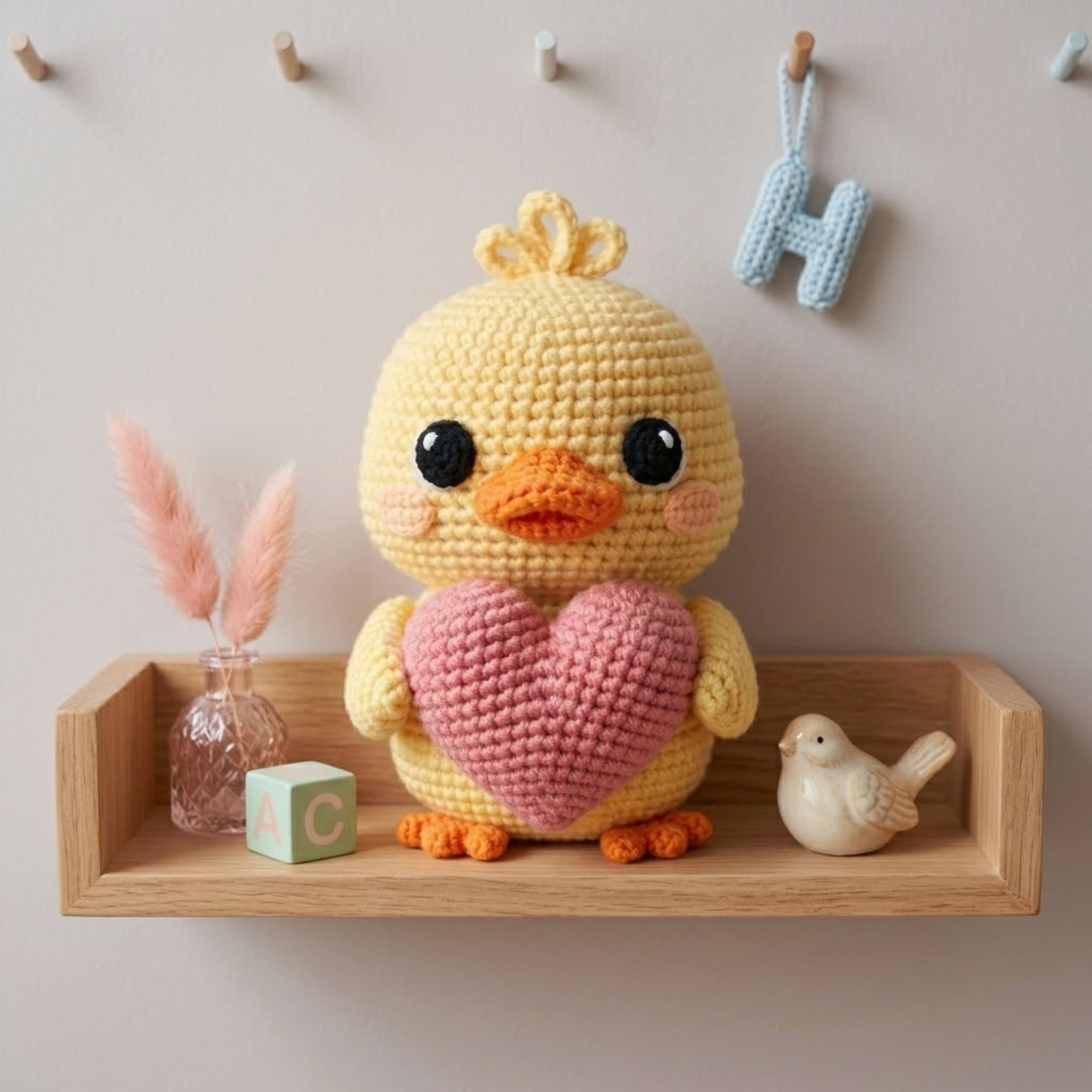 Cute Crochet Duck Plush with Pink Heart, Kawaii Amigurumi Chick Toy, Handmade Baby Shower Gift, Nursery Decor, Sweet Love Plush Sizes 4-12in