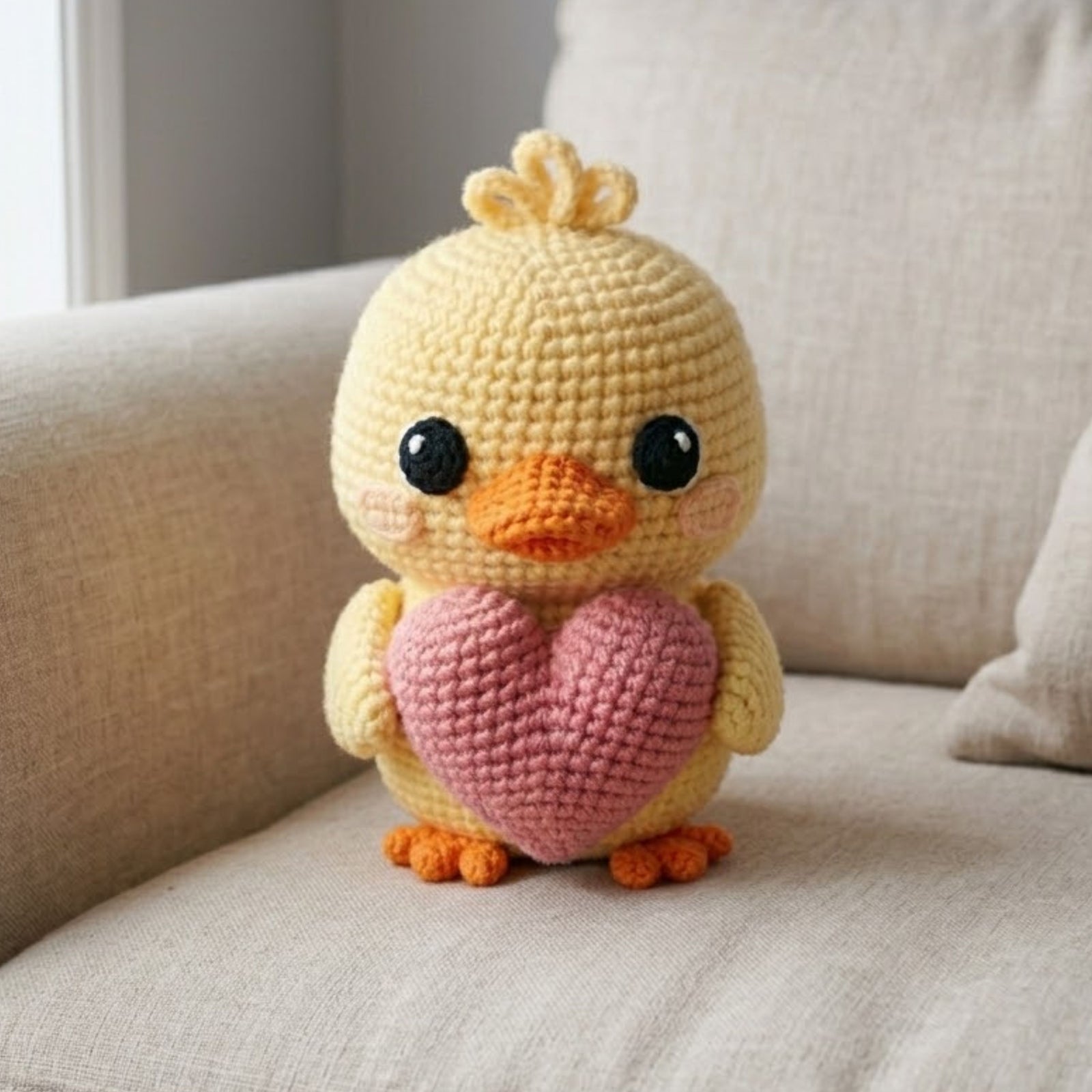 Cute Crochet Duck Plush with Pink Heart, Kawaii Amigurumi Chick Toy, Handmade Baby Shower Gift, Nursery Decor, Sweet Love Plush Sizes 4-12in