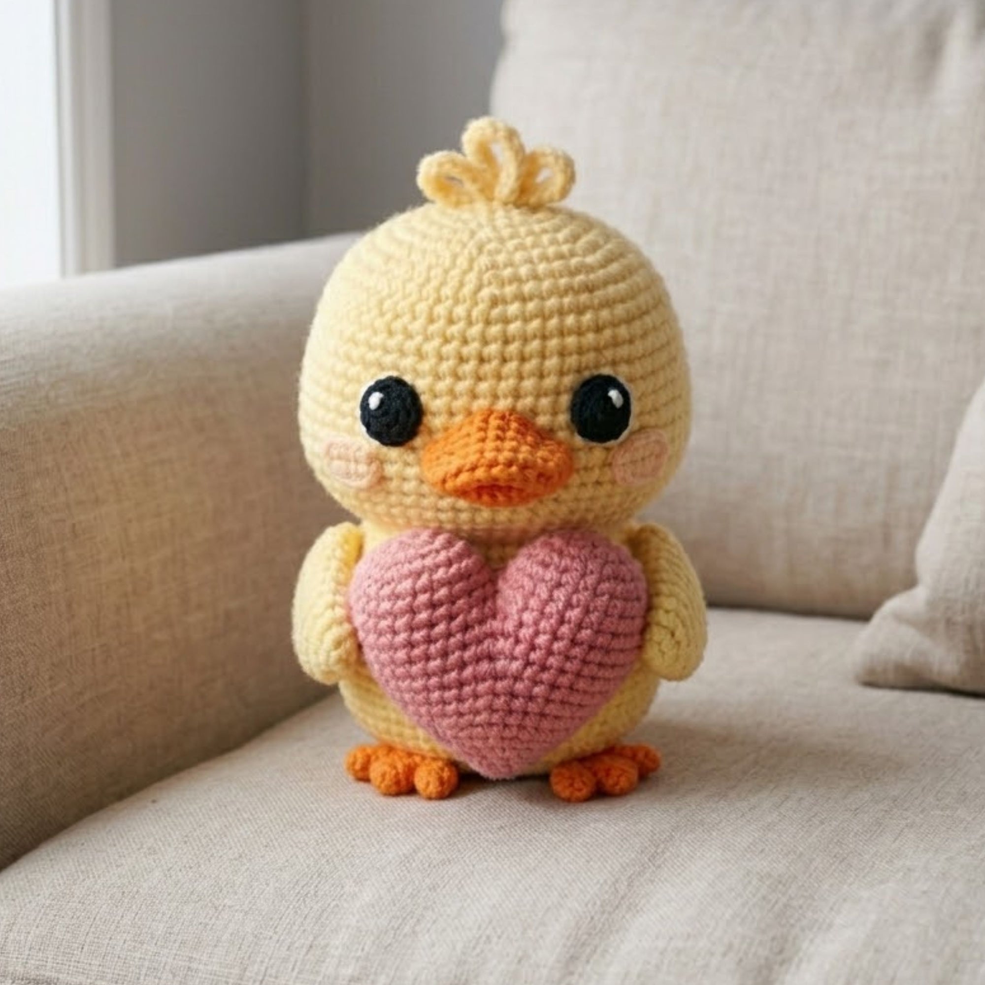 Cute Crochet Duck Plush with Pink Heart, Kawaii Amigurumi Chick Toy, Handmade Baby Shower Gift, Nursery Decor, Sweet Love Plush Sizes 4-12in
