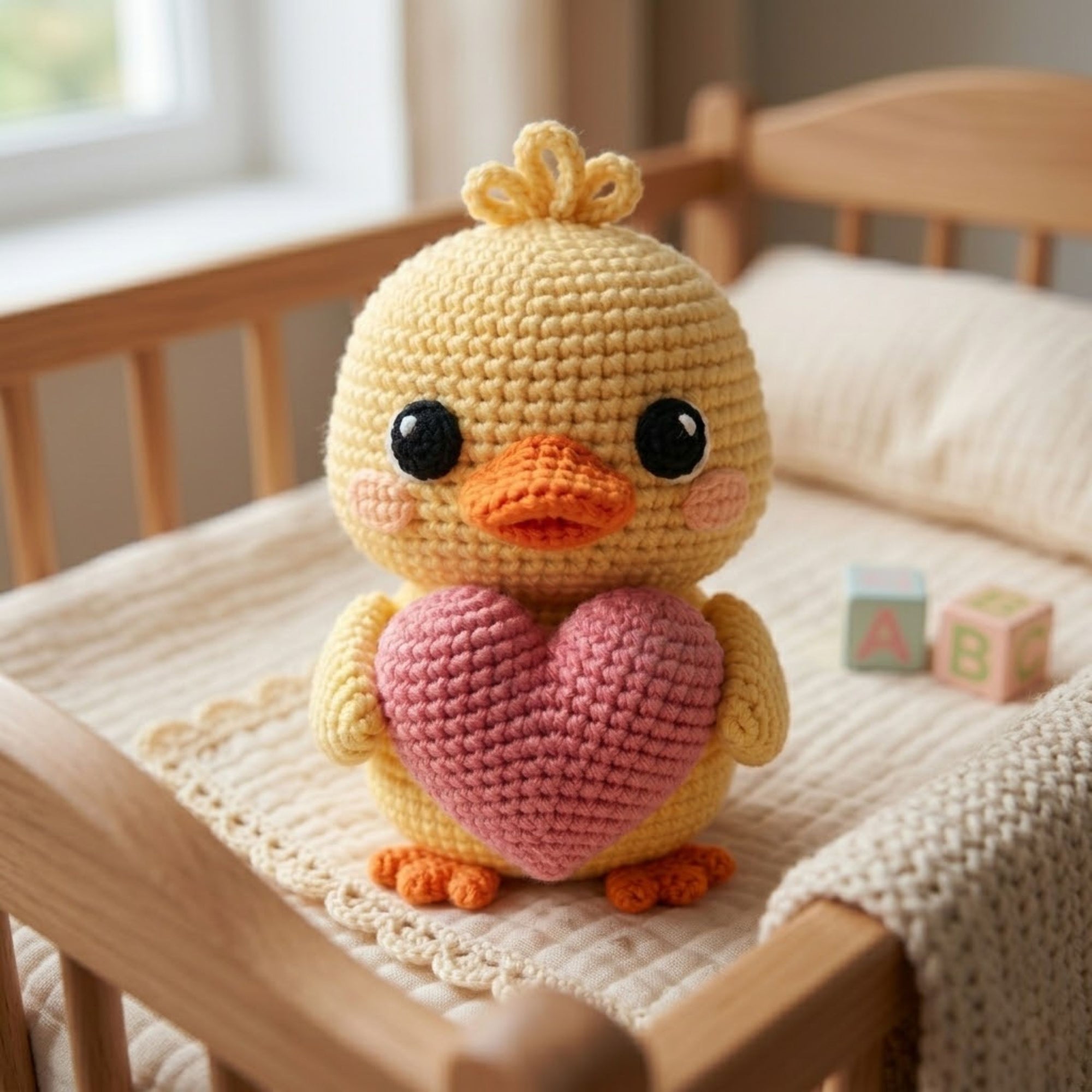 Cute Crochet Duck Plush with Pink Heart, Kawaii Amigurumi Chick Toy, Handmade Baby Shower Gift, Nursery Decor, Sweet Love Plush Sizes 4-12in