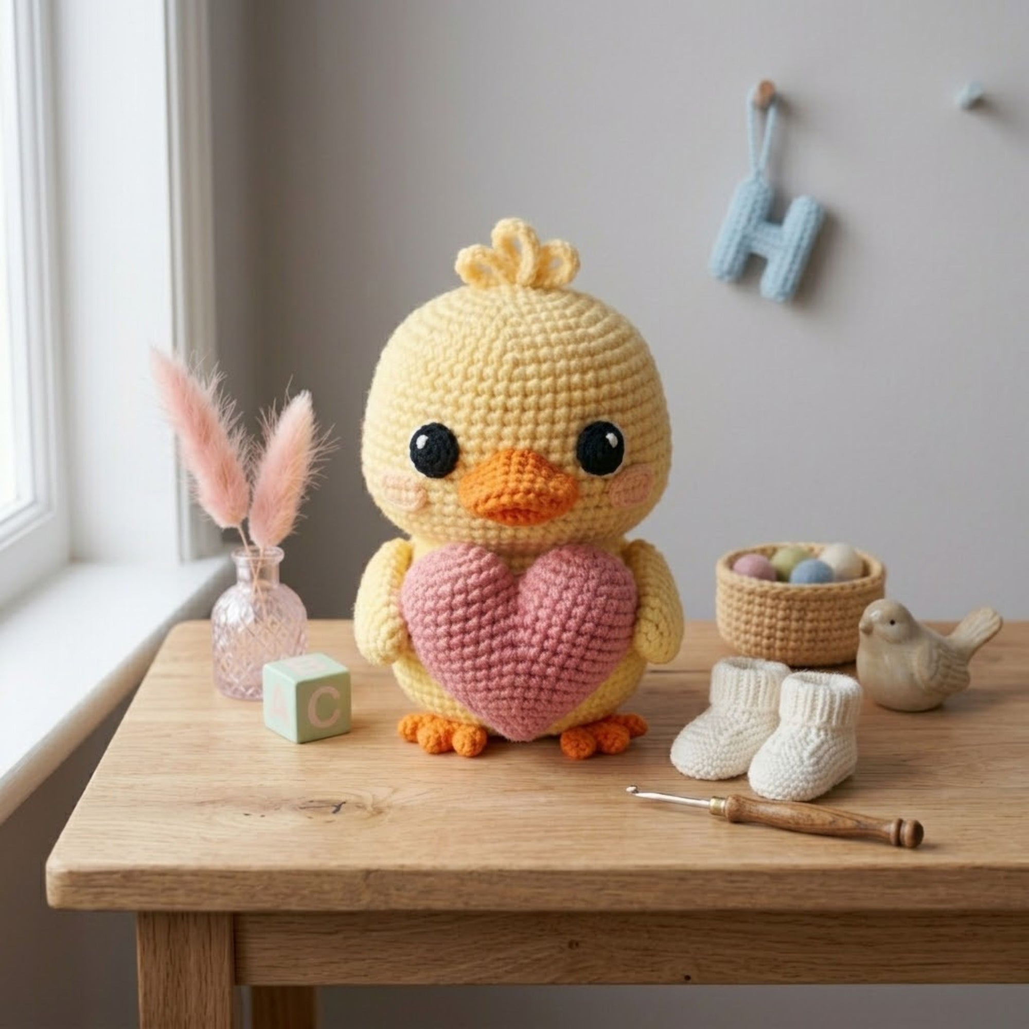 Cute Crochet Duck Plush with Pink Heart, Kawaii Amigurumi Chick Toy, Handmade Baby Shower Gift, Nursery Decor, Sweet Love Plush Sizes 4-12in