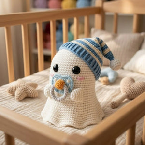Cute Crochet Baby Ghost Plush with Pacifier, Kawaii Amigurumi Halloween Doll, Handmade Soft Nursery Decor Gift, Sleepy Boo Toy, Sizes 4-12in
