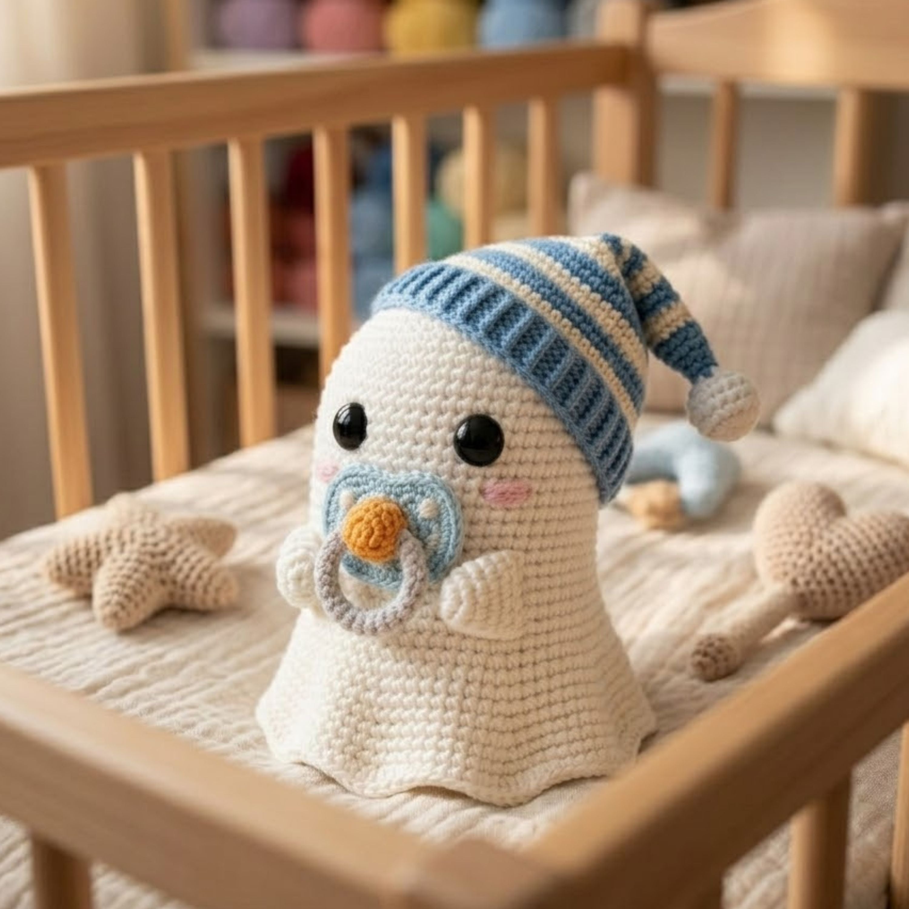 Cute Crochet Baby Ghost Plush with Pacifier, Kawaii Amigurumi Halloween Doll, Handmade Soft Nursery Decor Gift, Sleepy Boo Toy, Sizes 4-12in