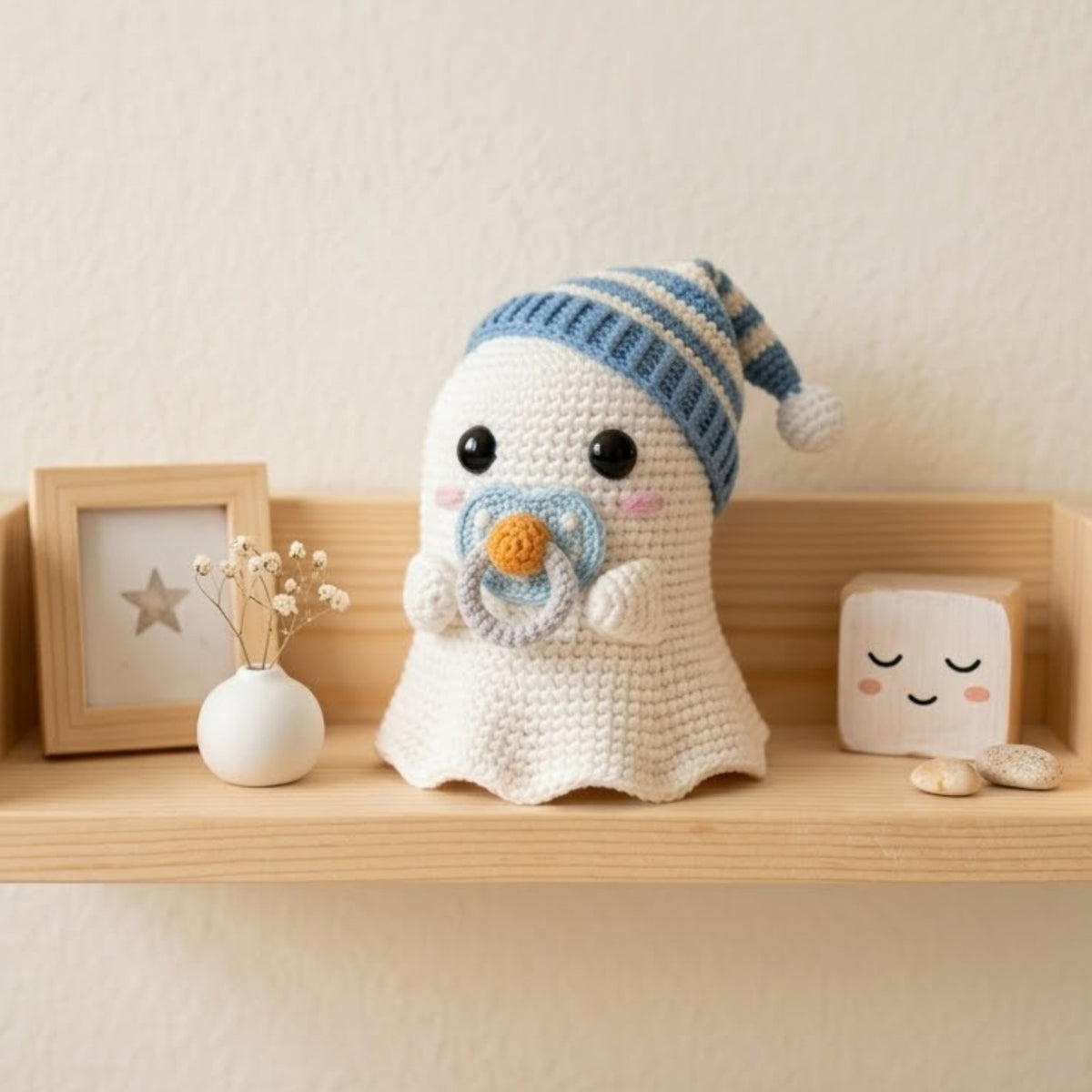 Cute Crochet Baby Ghost Plush with Pacifier, Kawaii Amigurumi Halloween Doll, Handmade Soft Nursery Decor Gift, Sleepy Boo Toy, Sizes 4-12in