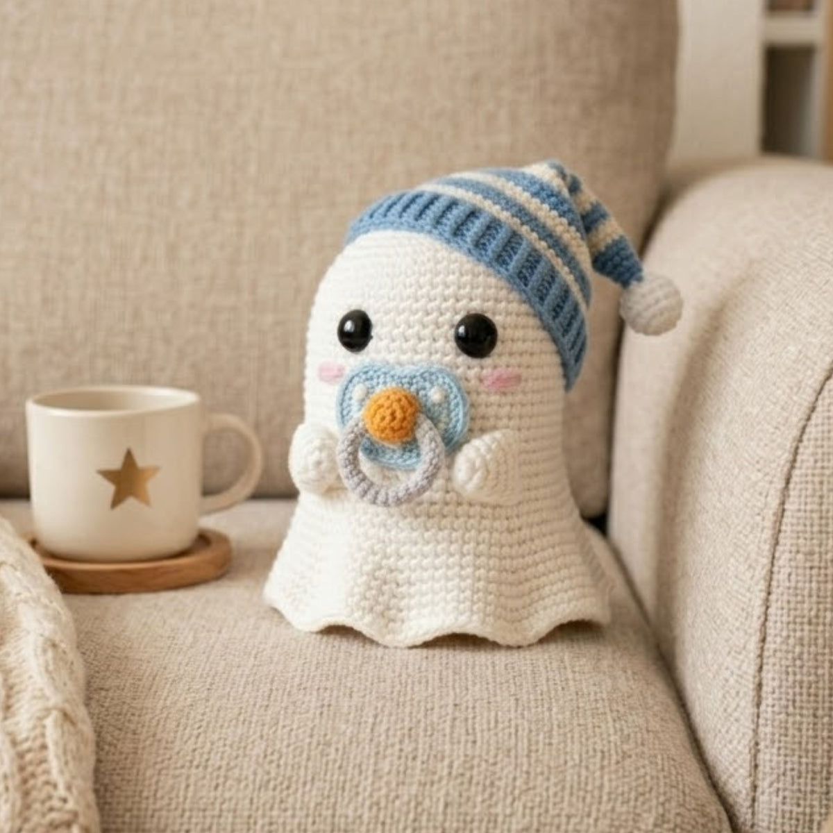 Cute Crochet Baby Ghost Plush with Pacifier, Kawaii Amigurumi Halloween Doll, Handmade Soft Nursery Decor Gift, Sleepy Boo Toy, Sizes 4-12in