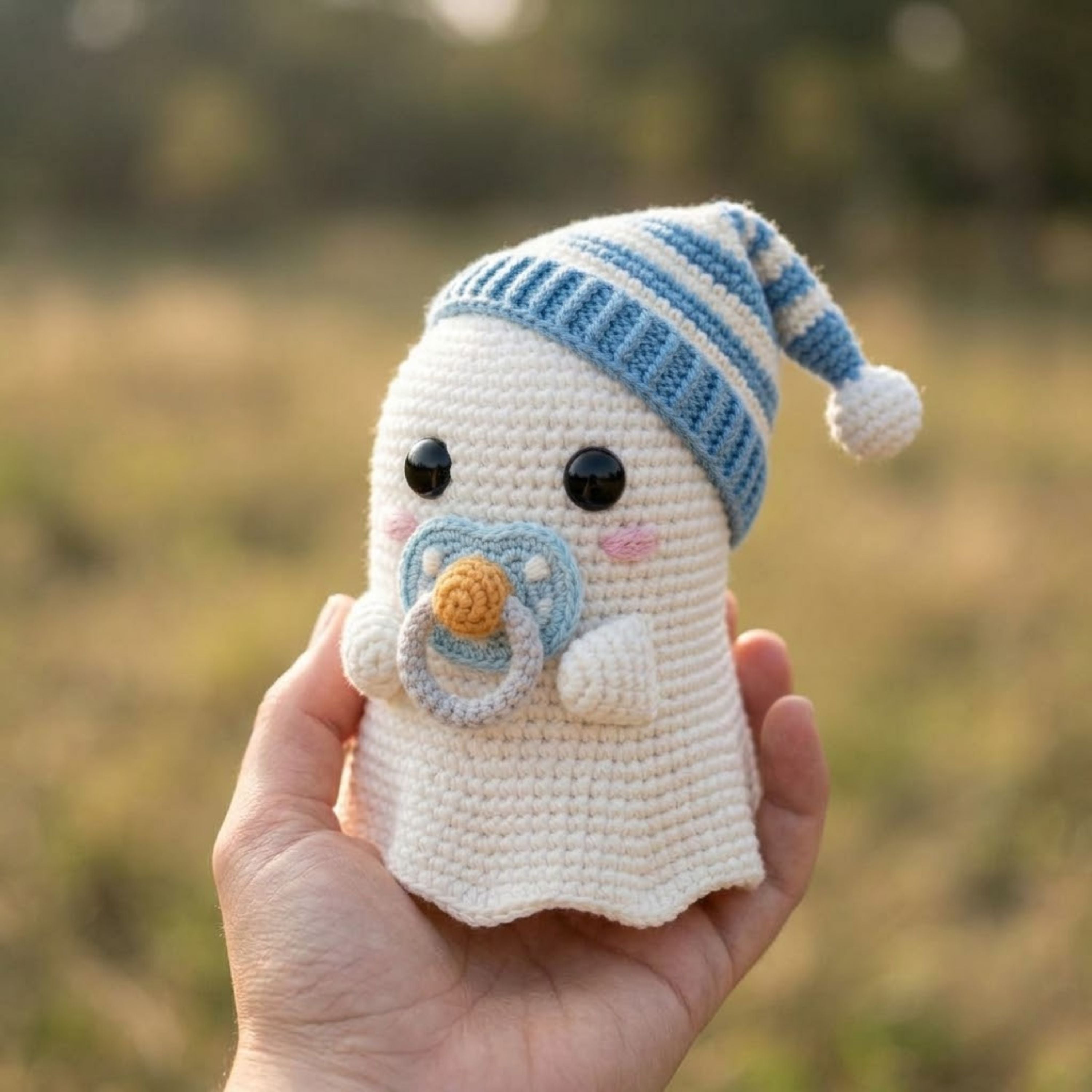 Cute Crochet Baby Ghost Plush with Pacifier, Kawaii Amigurumi Halloween Doll, Handmade Soft Nursery Decor Gift, Sleepy Boo Toy, Sizes 4-12in