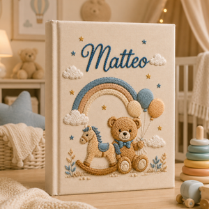 Personalized Hand Embroidered Baby Photo Album, Teddy Bear Rainbow Linen Memory Book, Custom Newborn Keepsake Album, Baby Shower Gift