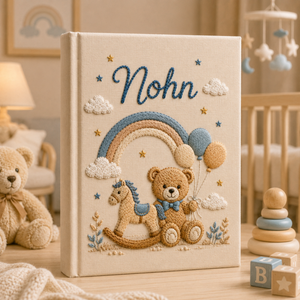 Personalized Hand Embroidered Baby Photo Album, Teddy Bear Rainbow Linen Memory Book, Custom Newborn Keepsake Album, Baby Shower Gift