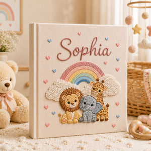 Personalized Embroidered Safari Animals Baby Photo Album, Hand Embroidered Baby Memory Book, Custom Newborn Keepsake Album, Baby Shower Gift