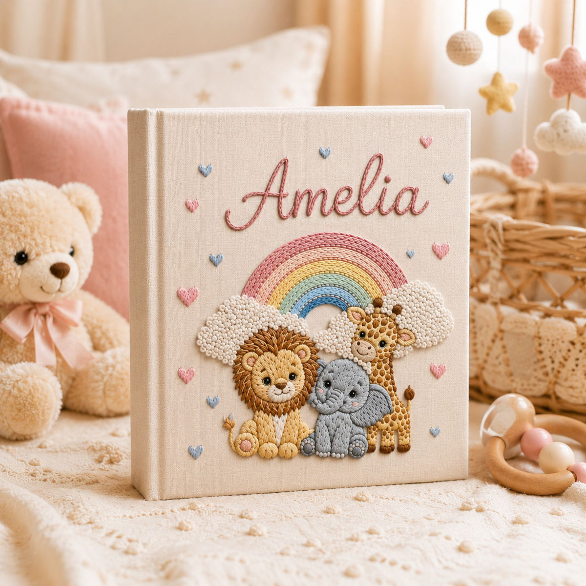 Personalized Embroidered Safari Animals Baby Photo Album, Hand Embroidered Baby Memory Book, Custom Newborn Keepsake Album, Baby Shower Gift