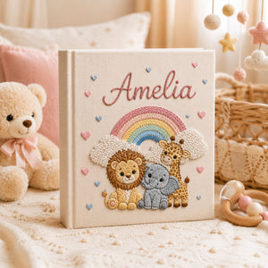 Personalized Embroidered Safari Animals Baby Photo Album, Hand Embroidered Baby Memory Book, Custom Newborn Keepsake Album, Baby Shower Gift