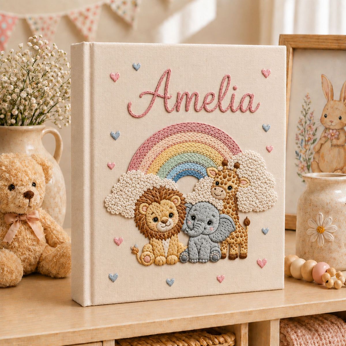 Personalized Embroidered Safari Animals Baby Photo Album, Hand Embroidered Baby Memory Book, Custom Newborn Keepsake Album, Baby Shower Gift