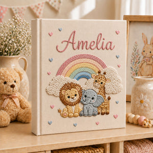Personalized Embroidered Safari Animals Baby Photo Album, Hand Embroidered Baby Memory Book, Custom Newborn Keepsake Album, Baby Shower Gift