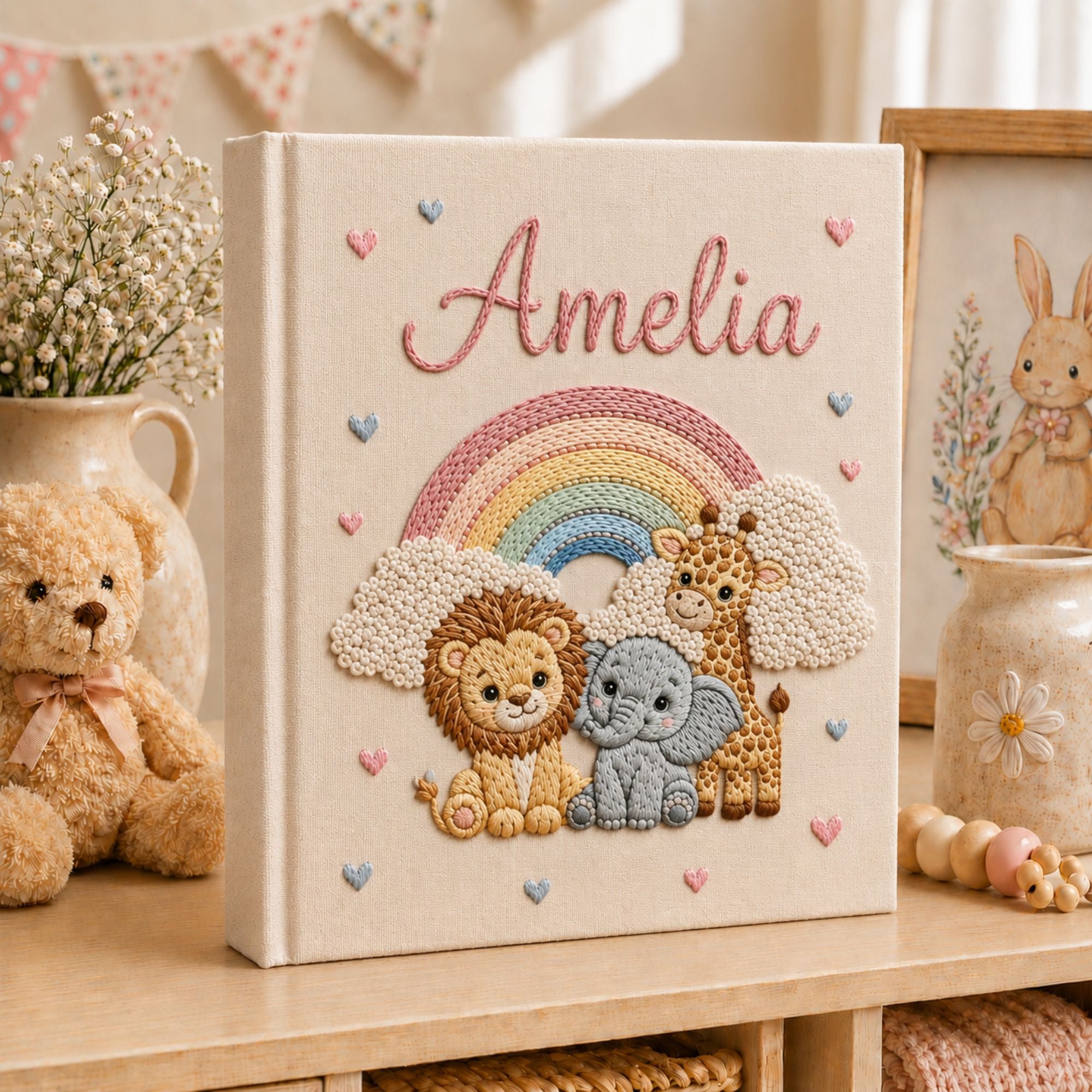 Personalized Embroidered Safari Animals Baby Photo Album, Hand Embroidered Baby Memory Book, Custom Newborn Keepsake Album, Baby Shower Gift
