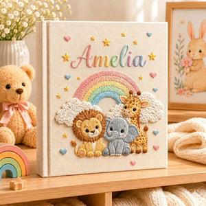 Personalized Embroidered Safari Animals Baby Photo Album, Hand Embroidered Baby Memory Book, Custom Newborn Keepsake Album, Baby Shower Gift