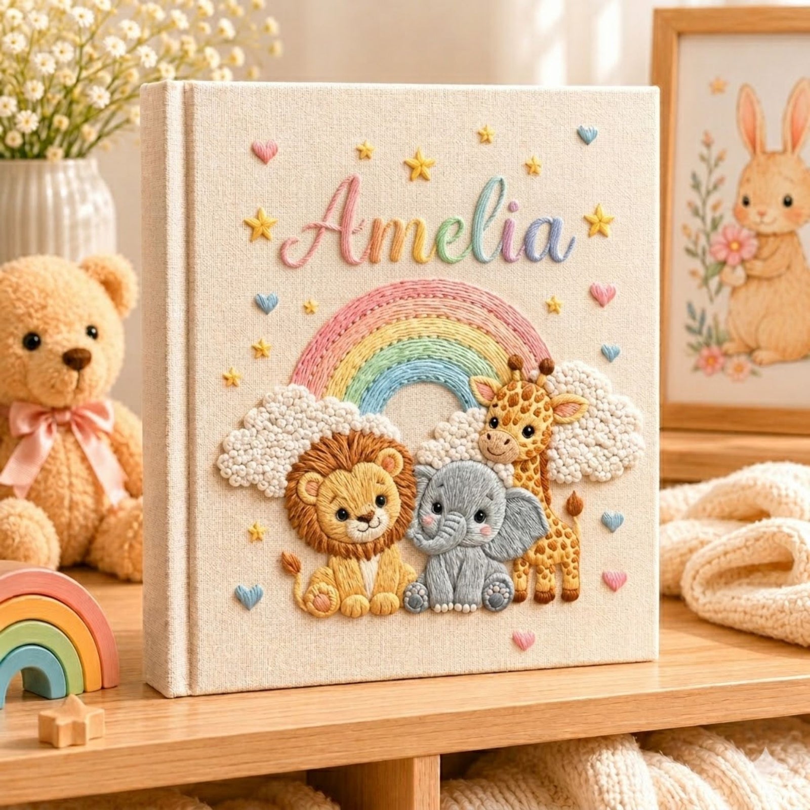Personalized Embroidered Safari Animals Baby Photo Album, Hand Embroidered Baby Memory Book, Custom Newborn Keepsake Album, Baby Shower Gift