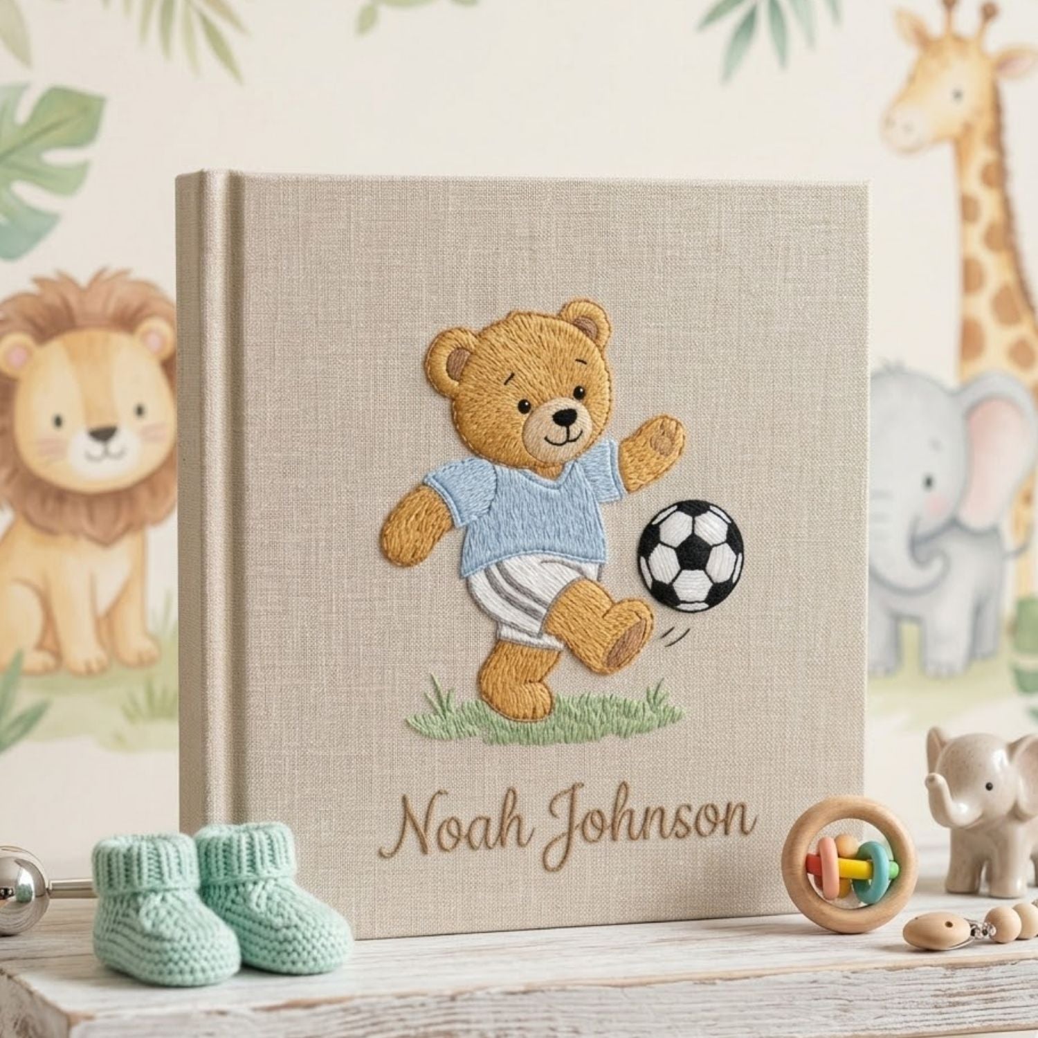 Personalized Baby Photo Album, Hand Embroidered Dinosaur Memory Book, Custom Name Keepsake, Woodland Nursery Gift, Newborn, Baby Shower Gift