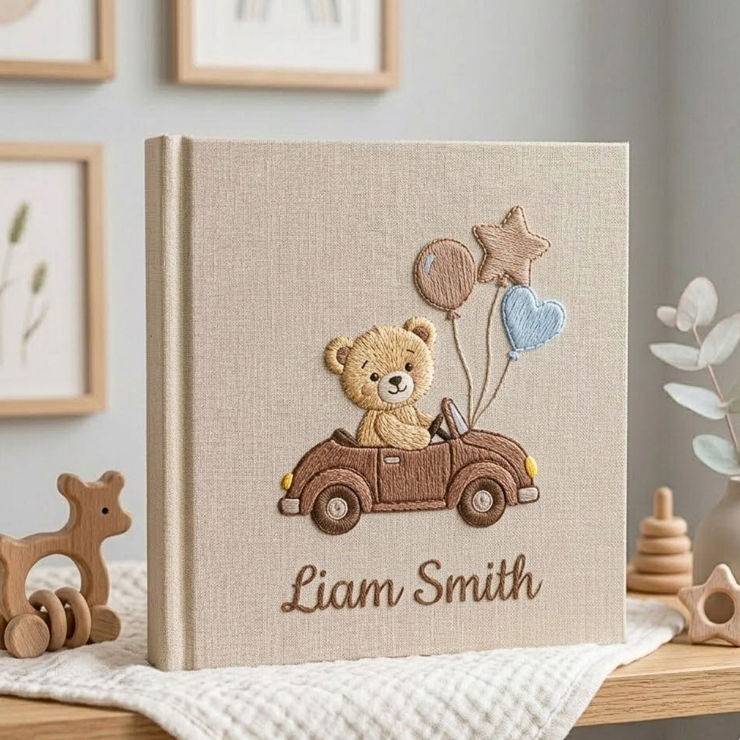 Personalized Baby Photo Album, Hand Embroidered Dinosaur Memory Book, Custom Name Keepsake, Woodland Nursery Gift, Newborn, Baby Shower Gift