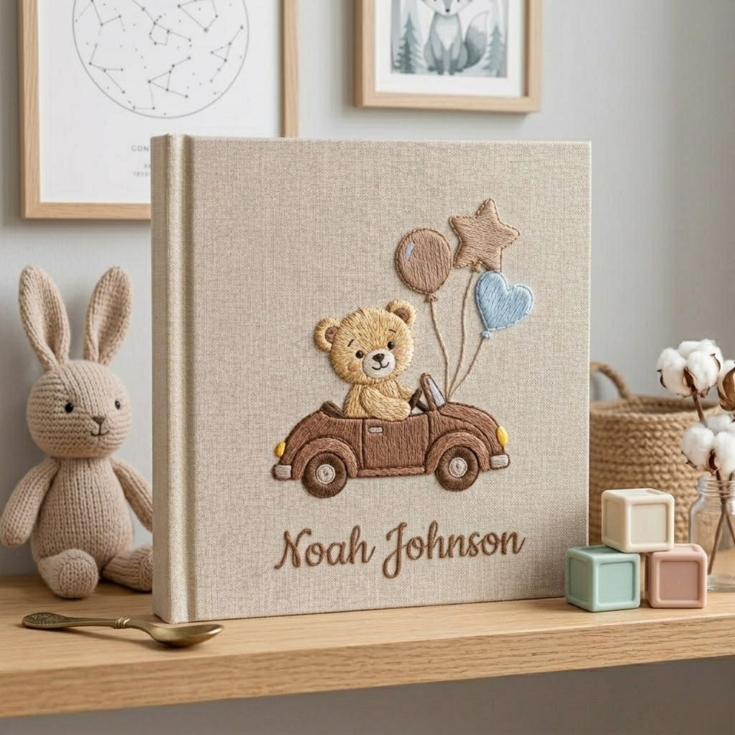 Personalized Baby Photo Album, Hand Embroidered Dinosaur Memory Book, Custom Name Keepsake, Woodland Nursery Gift, Newborn, Baby Shower Gift